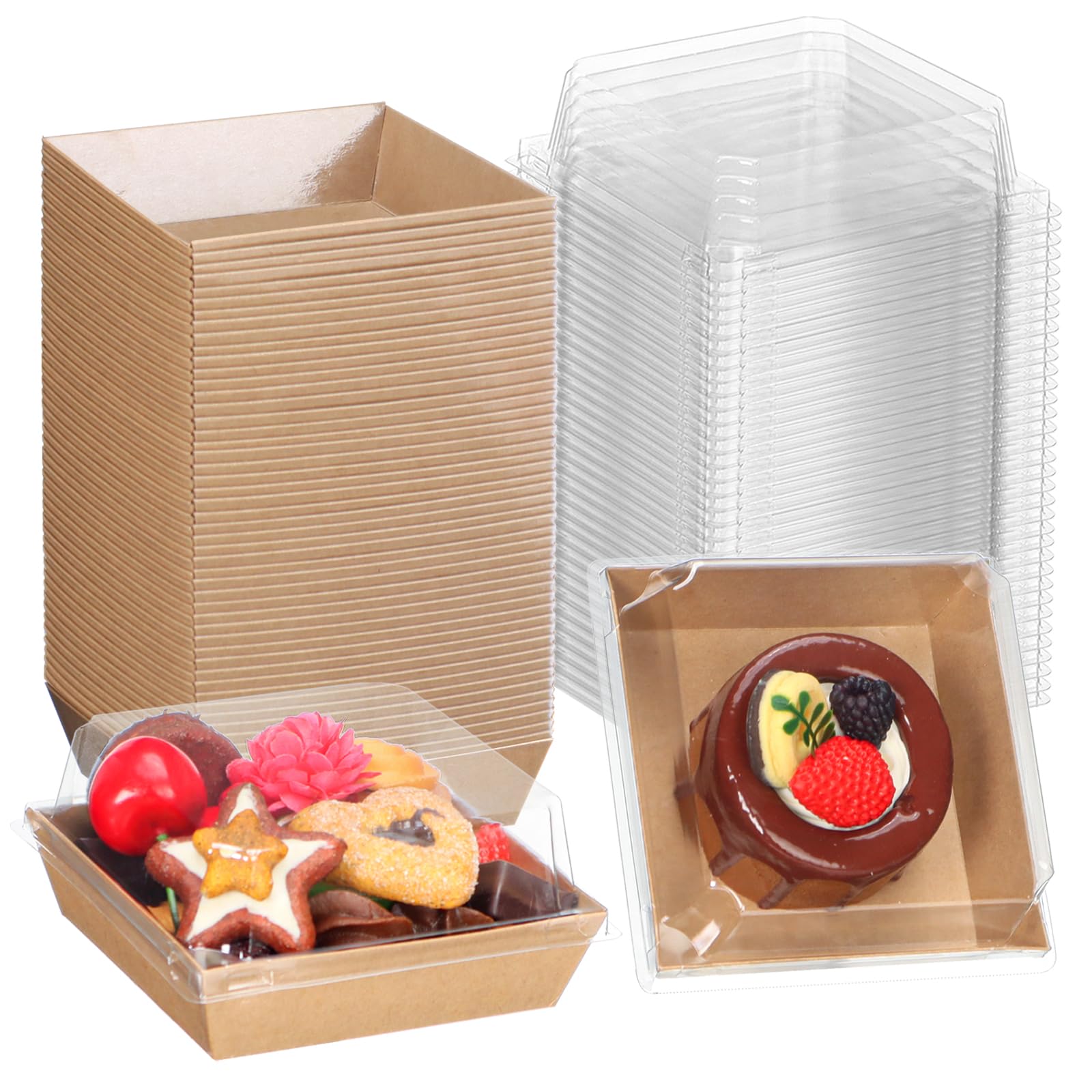 TEMLQPACK 50Pack 4 Inches Brown Charcuterie Boxes Cookies Boxes with Clear lids Bakery Boxes Chocolate Covered Strawberries Boxe