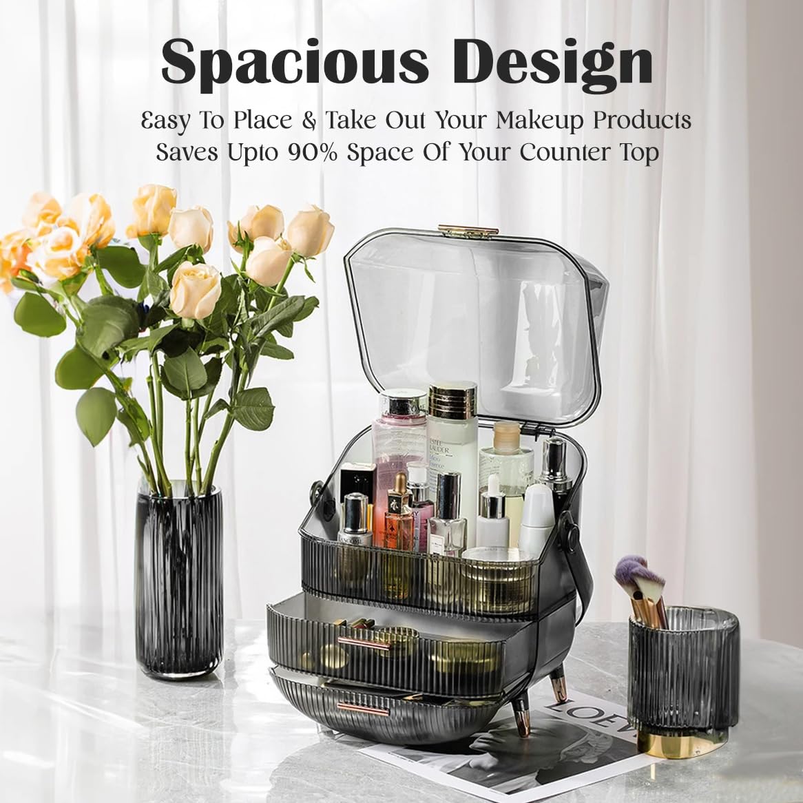 ALOXE Cute Makeup Cosmetic Organizer Box With Drawer Storage | Plastic Storage Organizer Box For Women (Obsidian Black)