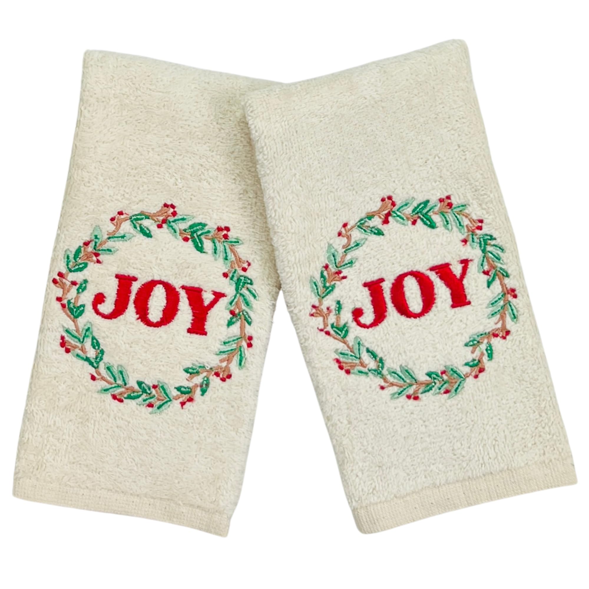 Serafina Home Christmas Fingertip Bath Guest Towels, Embroidered Joy Holly Wreath, 2 Piece Set, 12 X 18 Inches 100% Cotton