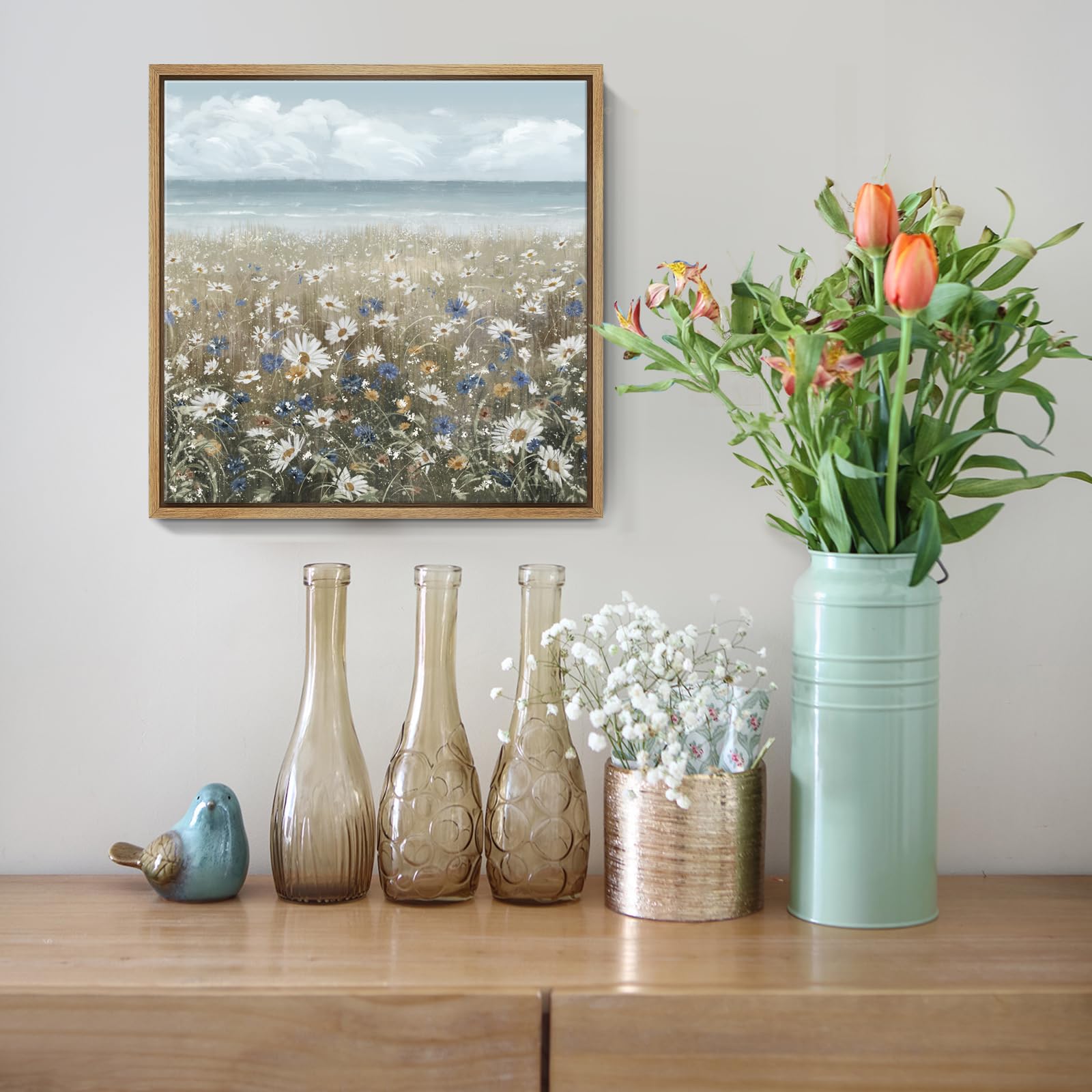 Framed Wall Art Bathroom D  Cor Boho Beach Coastal Vintage Floral Wall Picture Flower Daisy Flowers By Sea Canvas Print Nautical