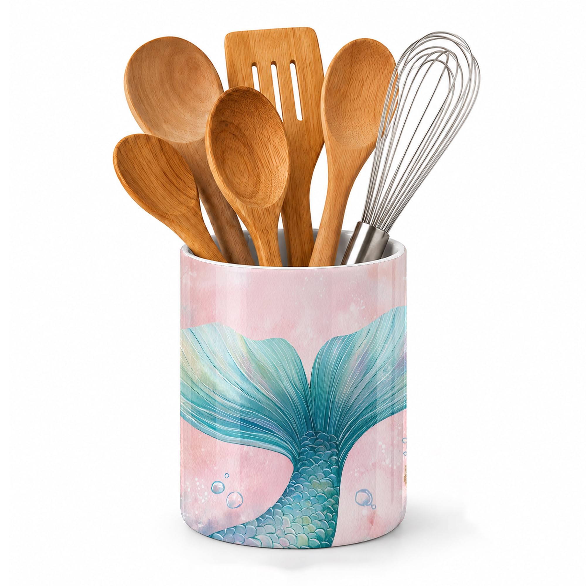 Axxitude Mermaid Tail Pink Kitchen Utensil Holder,Scales Shells Large Ceramic Utensil Crock Organizer for Spatulas,Spoons and Co