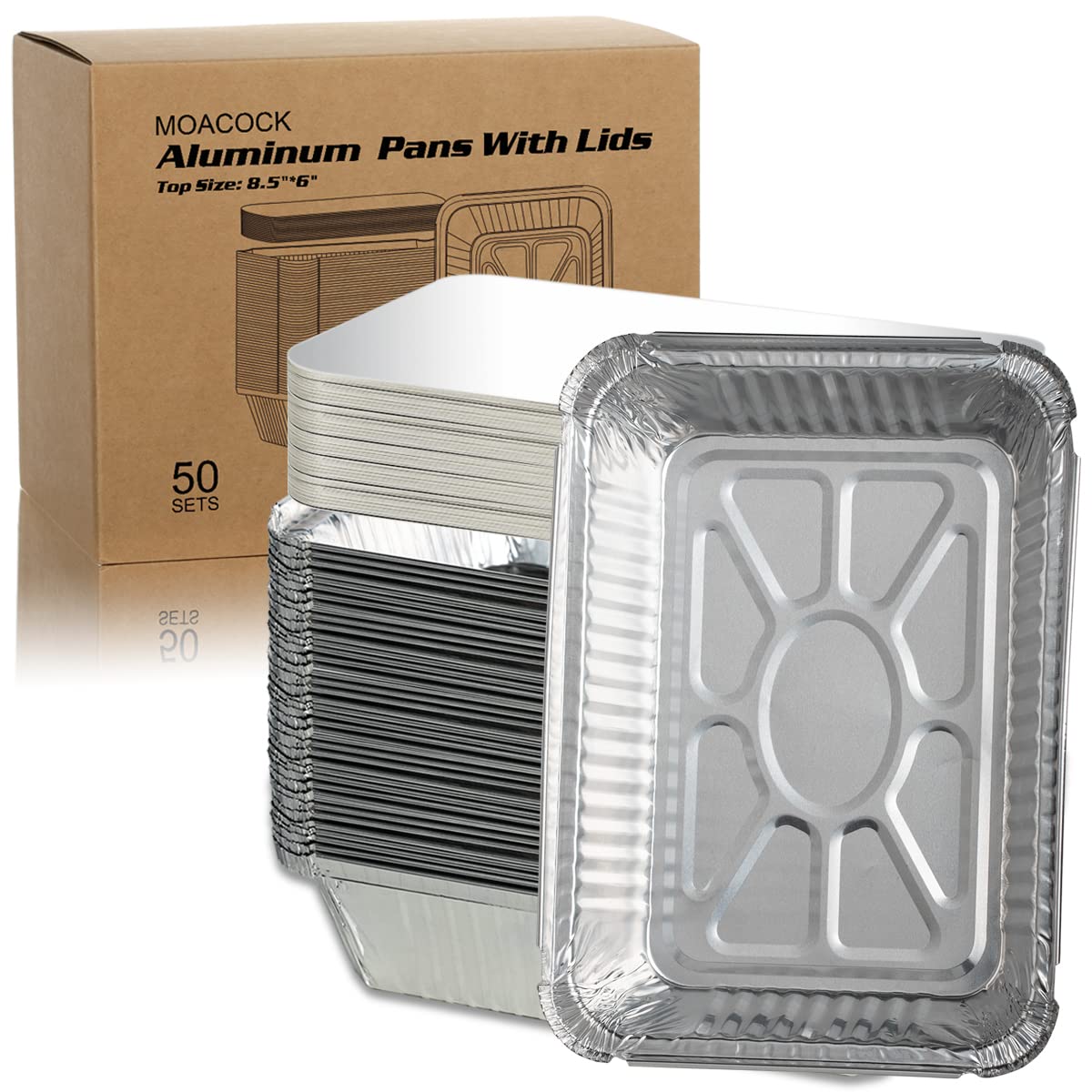 MOACOCK 50 Pack Aluminum Pans with Lids(8.5  6), 2.25lb Foil Pans with Board Lids, Disposable Take Out Food Containers, Foil Pan