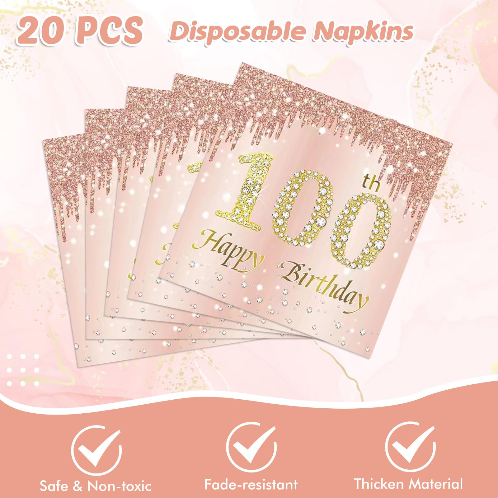 41Pcs 100Th Birthday Decorations, Rose Gold Birthday Party Supplies Include 20Pcs Plates 20Pcs Napkins And 1Piece Tablecloth, Sw