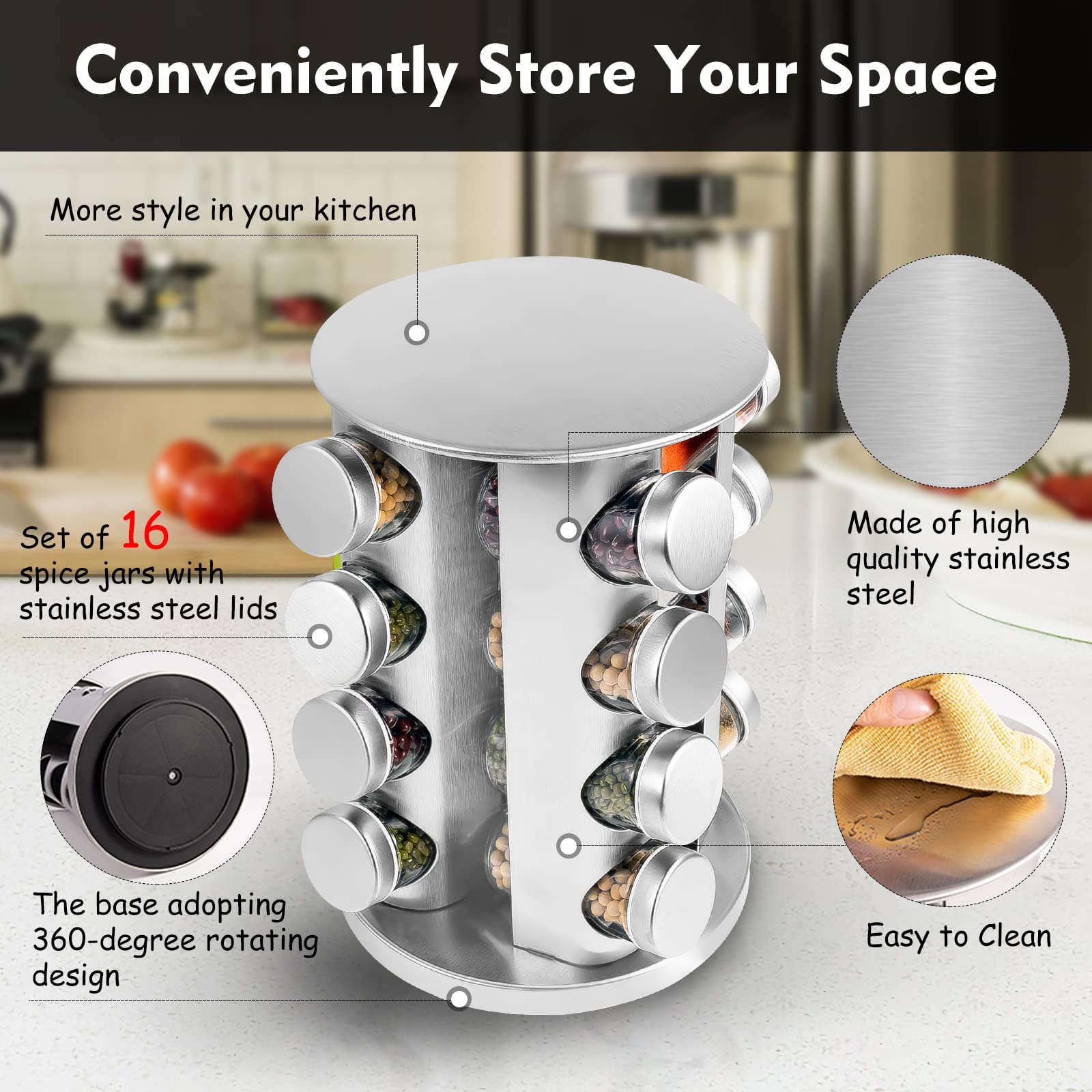 WAYDA Rotating Spice Rack with 16 Jars, Revolving Spice Rack Organizer for Cabinet, Seasoning Organizer Stainless Steel Kitchen