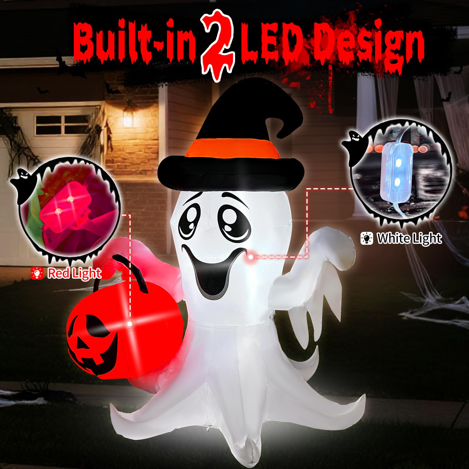 ?2025 Latest Release? Halloween Inflatables Ghost Outdoor Decorations 5FT Ghost Pumpkin Inflatable with Build-in 2 LED Ghost Blo