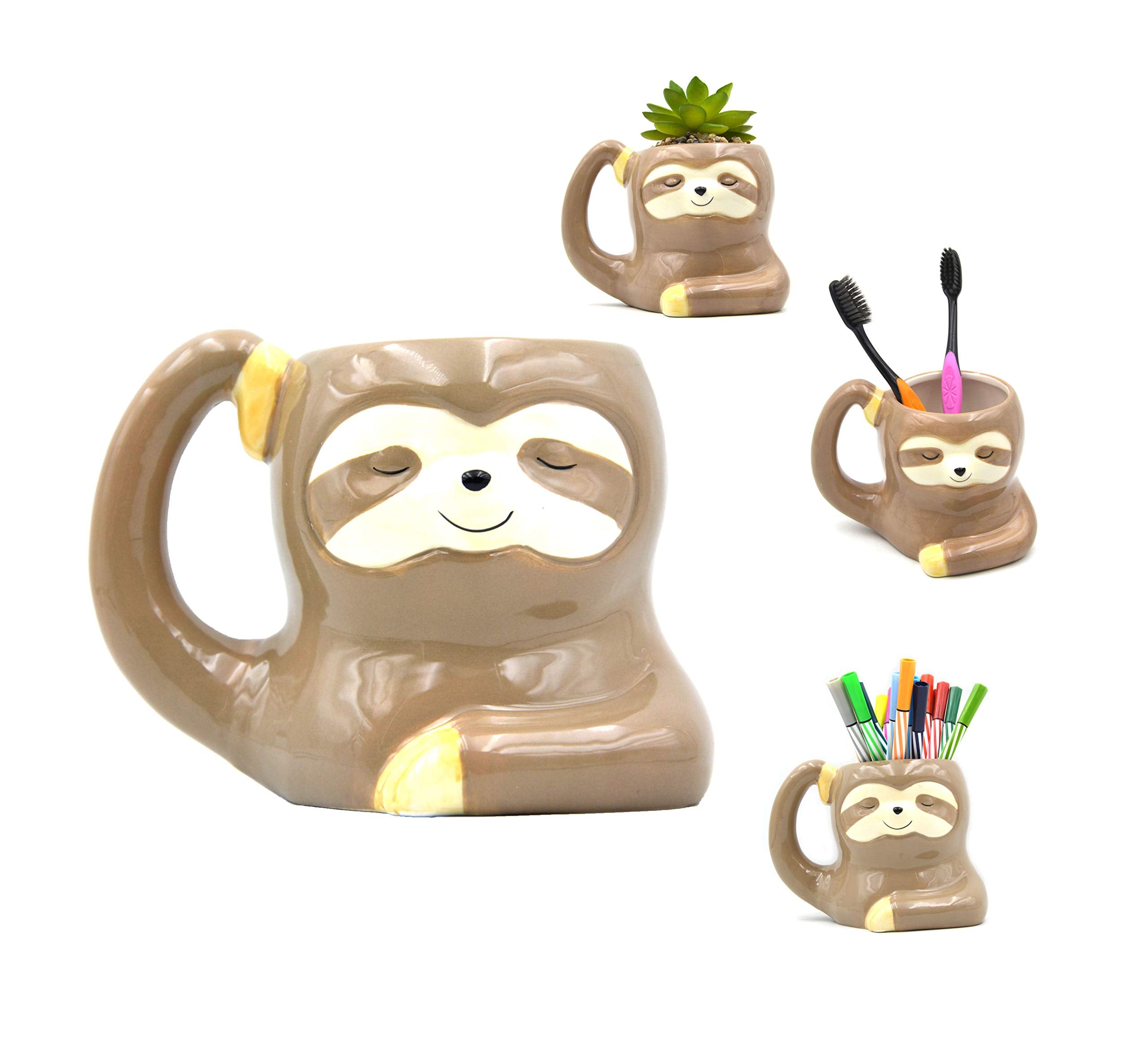 Monmob 3.9 Inch Ceramic Sloth Shaped Cup Pen Holder Pencil Holder/Sloth Toothbrush Holder Cup Brush Holder Cute Desk Accessories
