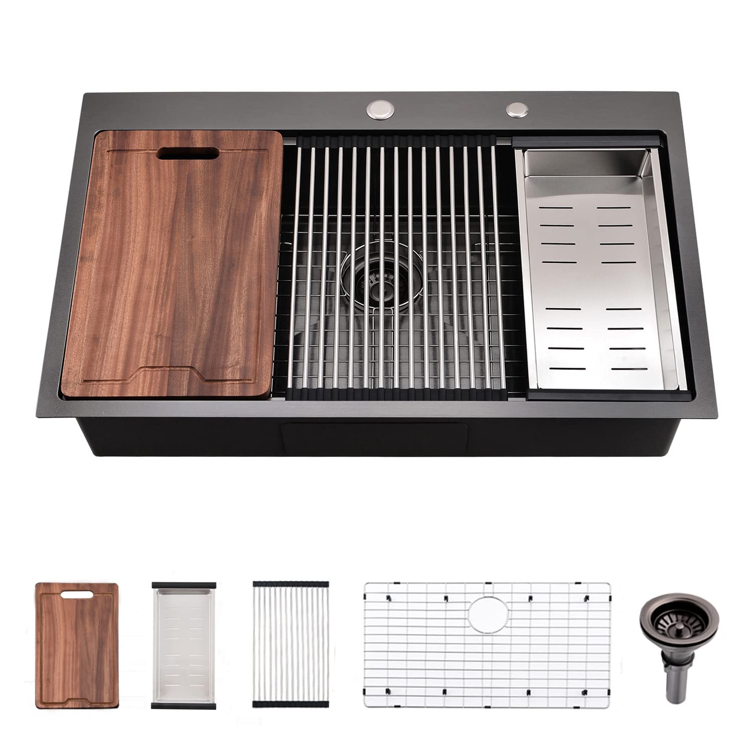 30 Inch Black Drop in Kitchen Sink Workstation - VOKIM 30x18-Inch Drop in sink Single Bowl 16 Gauge Stainless Steel 10 Deep Ha