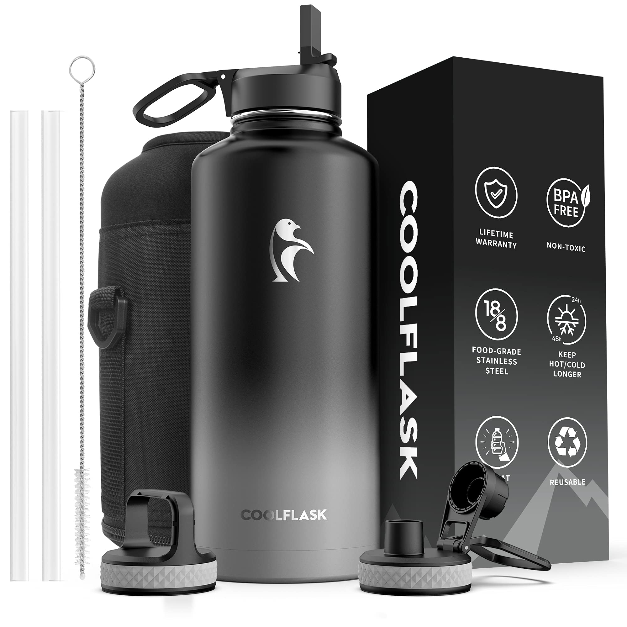 Coolflask Water Bottle 87 oz with Straw, 2/3 Gallon Insulated Stainless Steel 3 Lids Large Water Jug Wide Mouth for Sports or Of