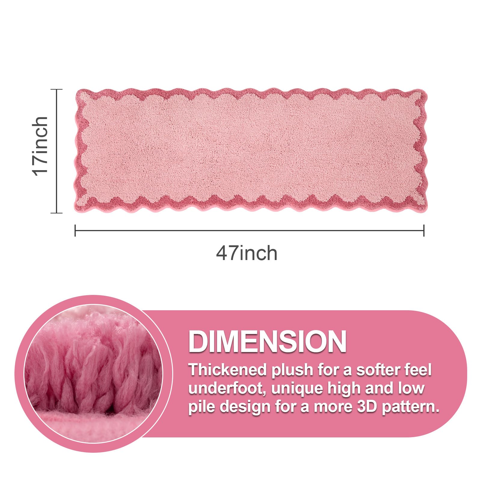 Ortigia Long Cute Scalloped Bathroom Rugs Runner, Fun Candy Pink Plush Microfiber Scallop Bath Mats Non Slip Washable Quick Dry