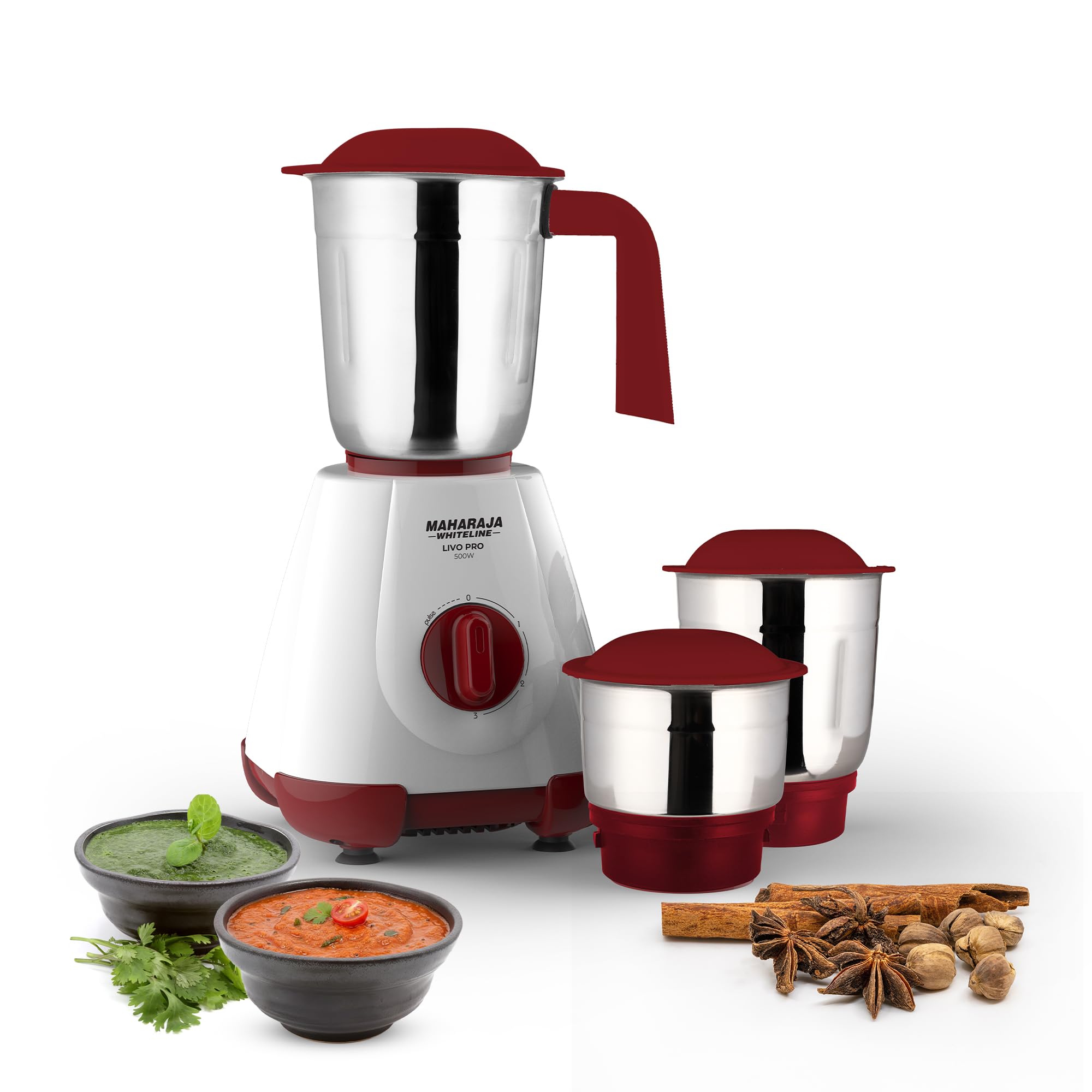 Maharaja Whiteline 500W Livo Pro Mixer Grinder With 3 Stainless Steel Jars With Lid And 20,000 Rpm Motor Speed (White & Cherry R