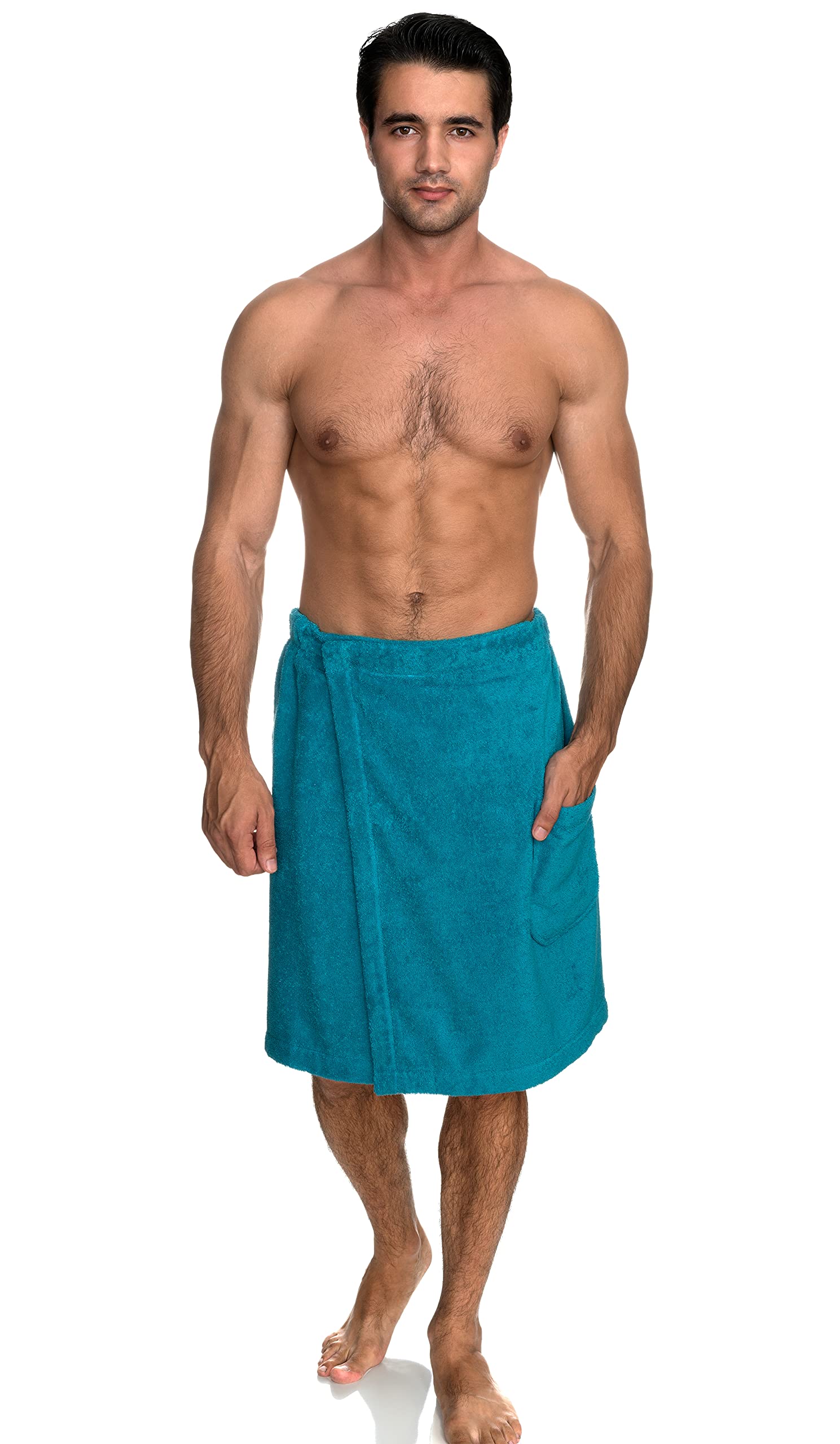 Towelselections Mens Shower Wrap Adjustable Cotton Terry Bath Gym Cover Up With Snaps Small/Large Algiers Blue