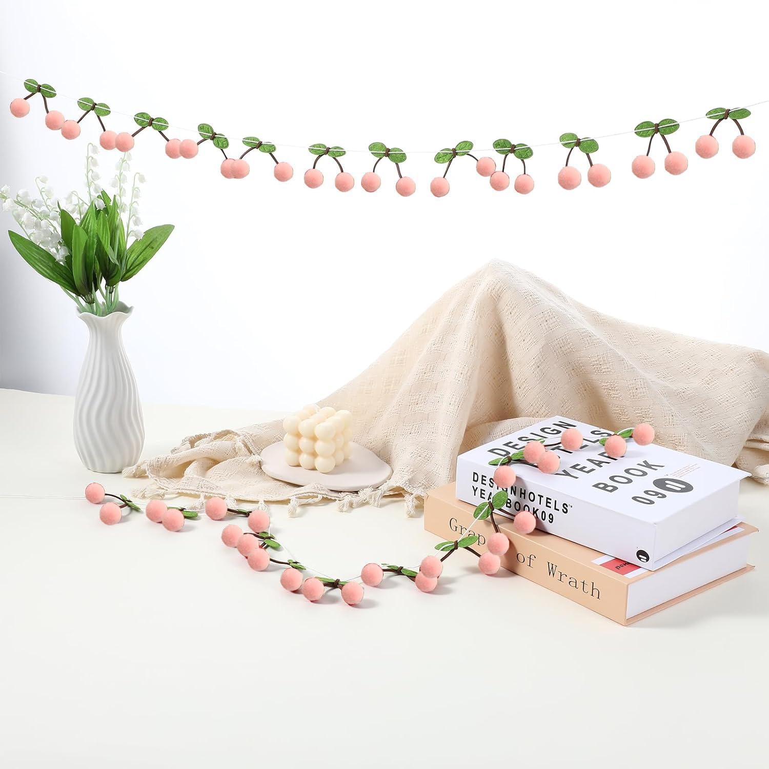 TOTIEJFJ Pink Cherry Garland Decoration (3string X 6.6ft) - DIY Pom Pom Fruit Cherry Hanging for Kids Bedroom Kitchen Decoration