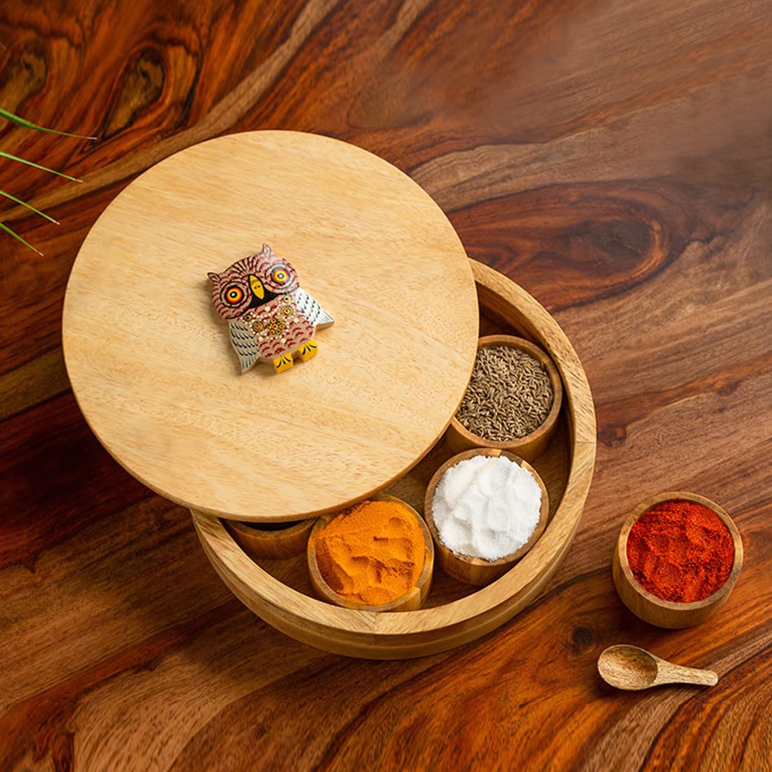 Exclusivelane Rainbow Owl Motif Wooden Spice Box Set For Kitchen With Spoon (Mango Wood, 7 Detachable Containers, 56 Gram) Ma