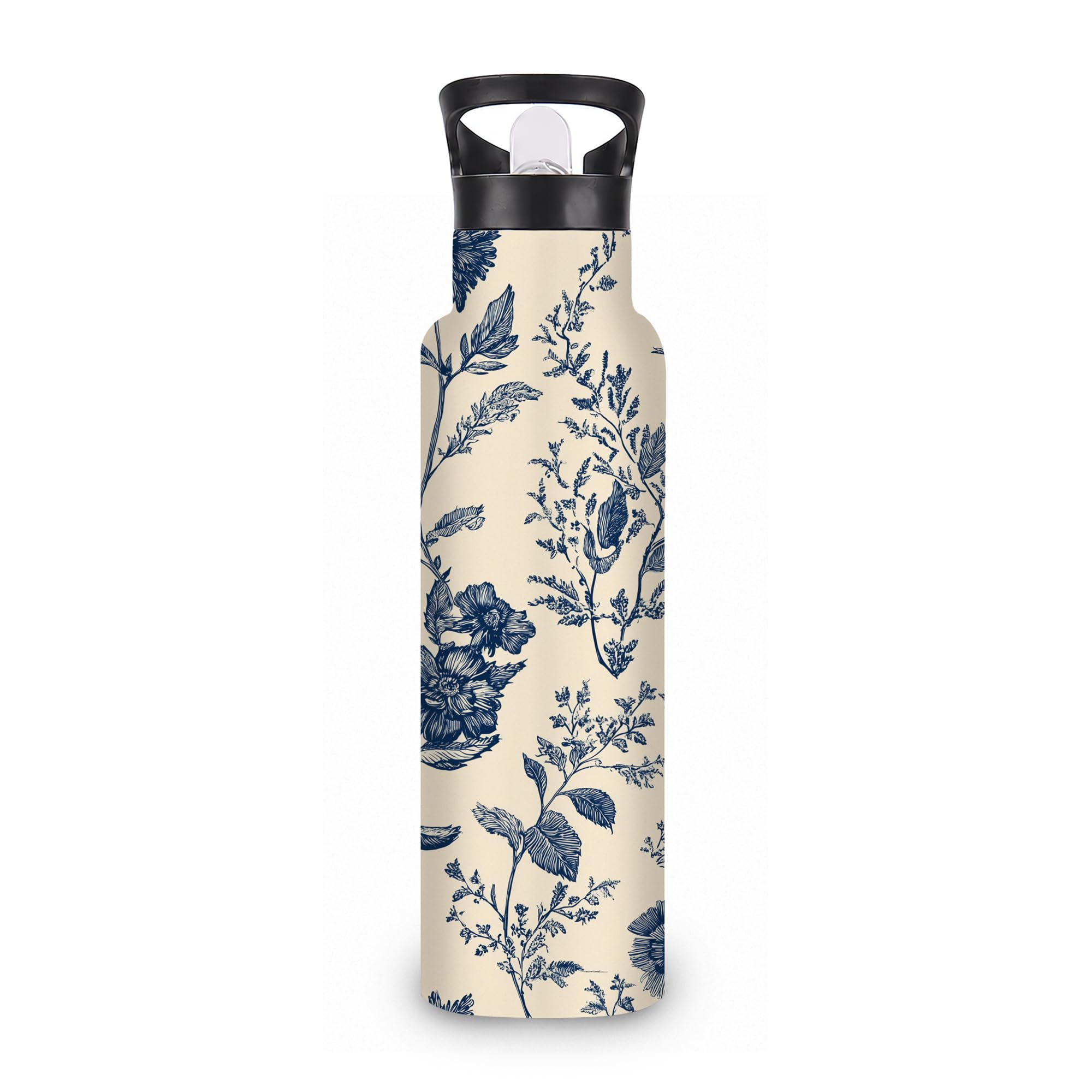 ICRICR Botanical Floral Insulated Water Bottle with Straw 20 oz,Vintage Blue Stainless Steel Leak Resistant Double Wall Water Bo