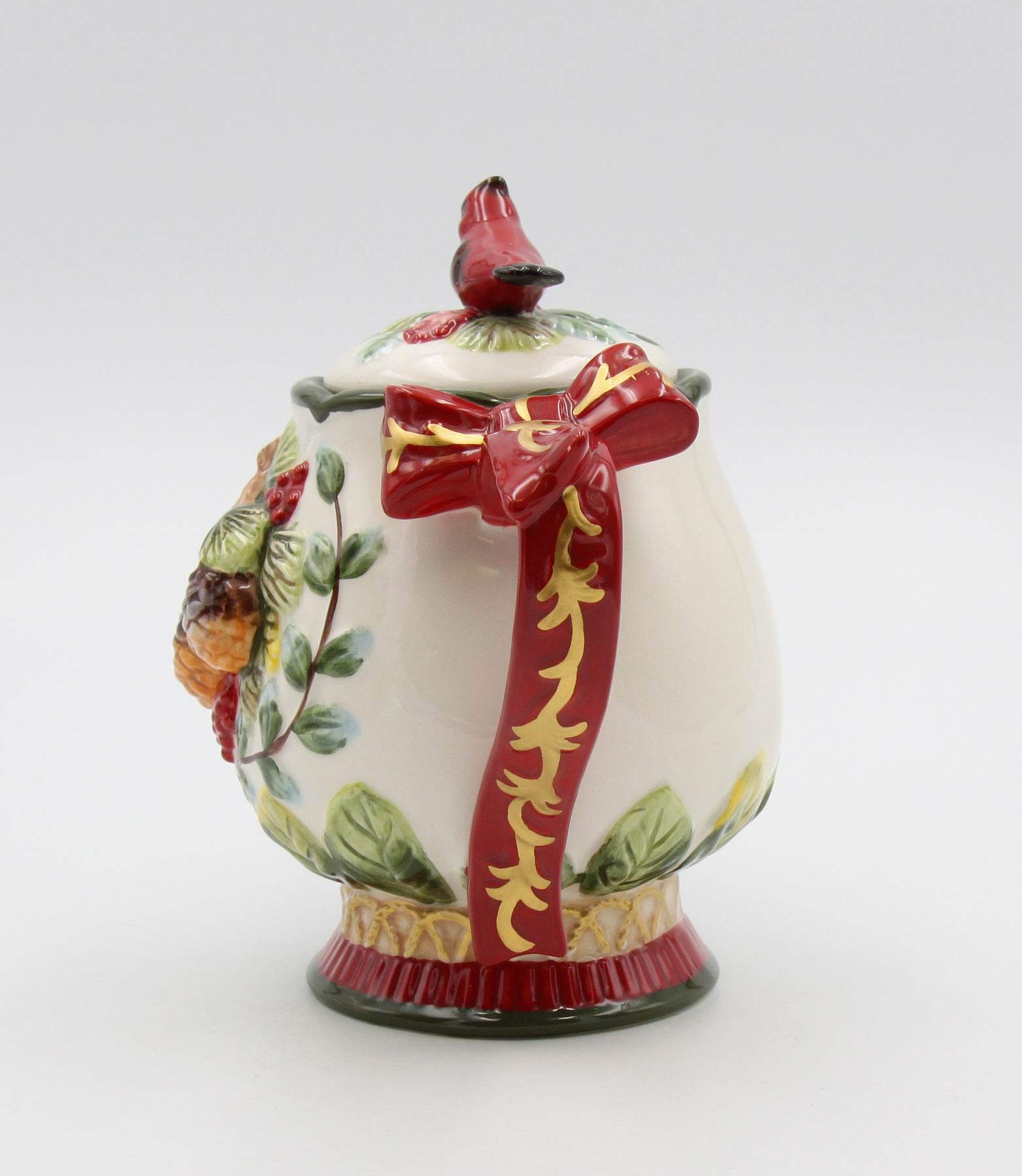 Fine Ceramic Evergreen Holiday Red Cardinal with Pine Cones Teapot  8-1/8'' L