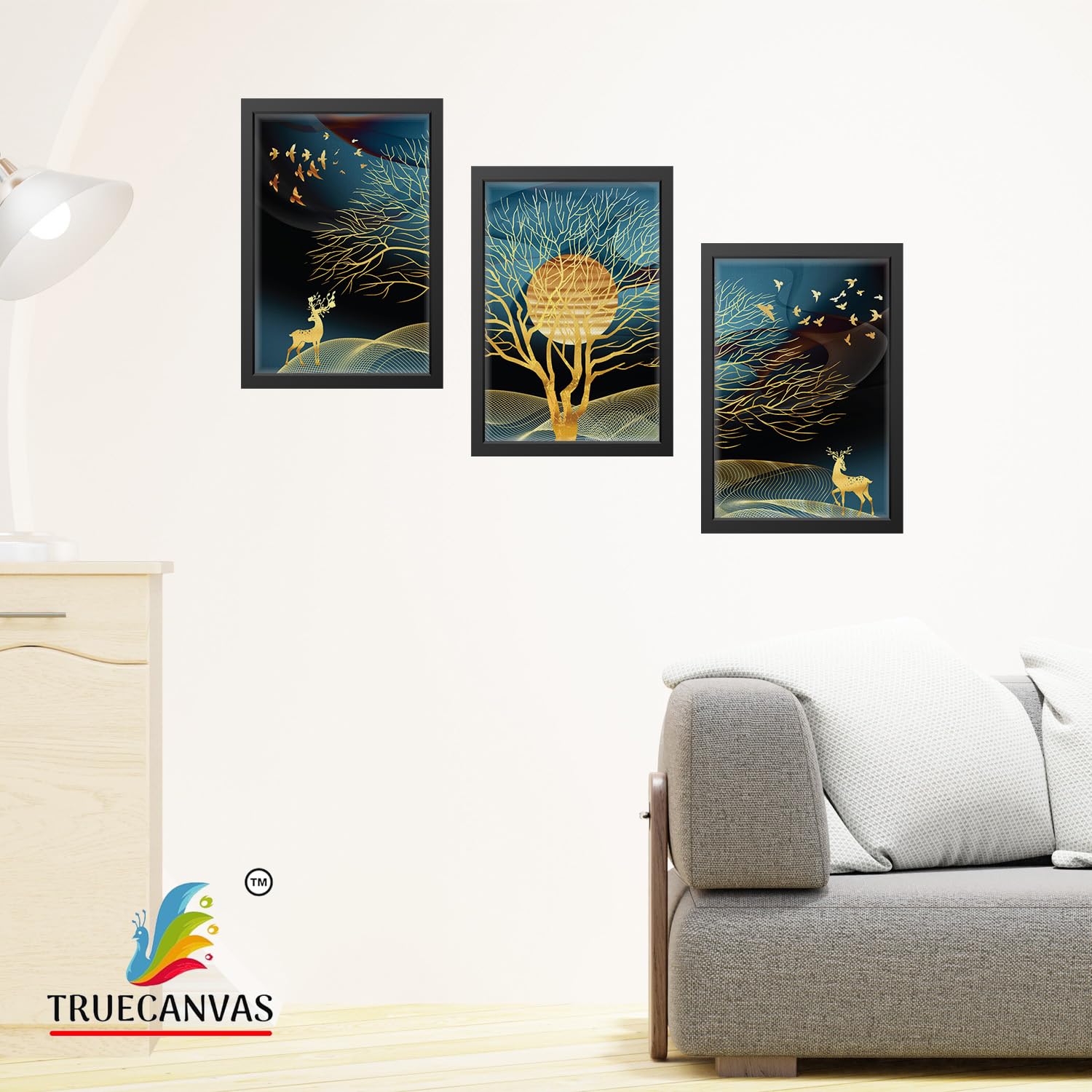 TRUECANVAS Abstract Painting Set of 3 Wall Hanging Canvas Print Framed for Home, Living Room Gallery & Office, Black, Size - 13.