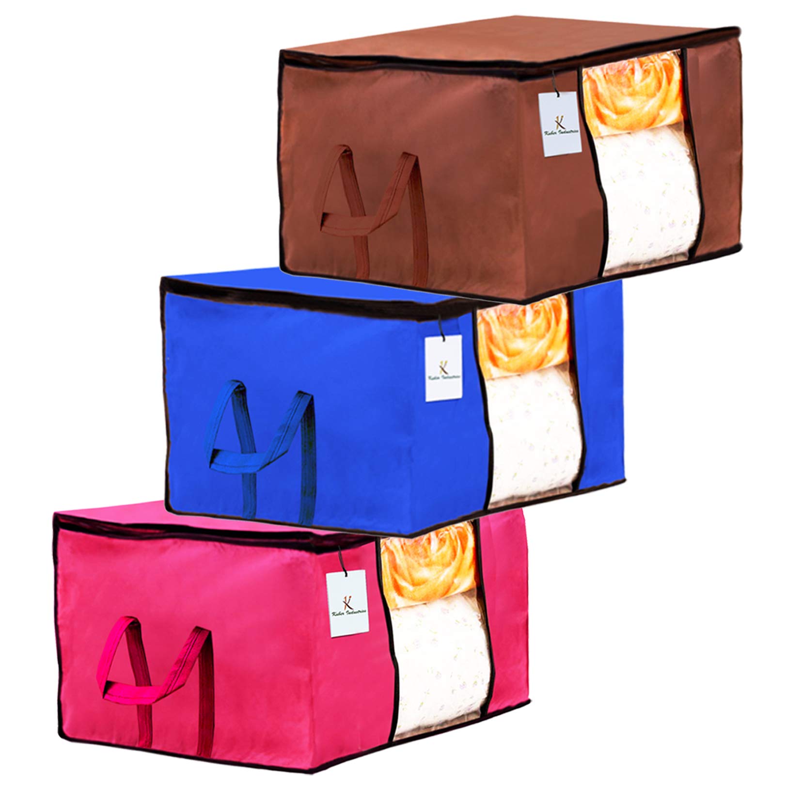 Kuber Industries Underbed Storage Bag, Storage Organiser, Blanket Cover Set Of 3  Pink,Royal Blue,Dark Brown Extra Large SizeC