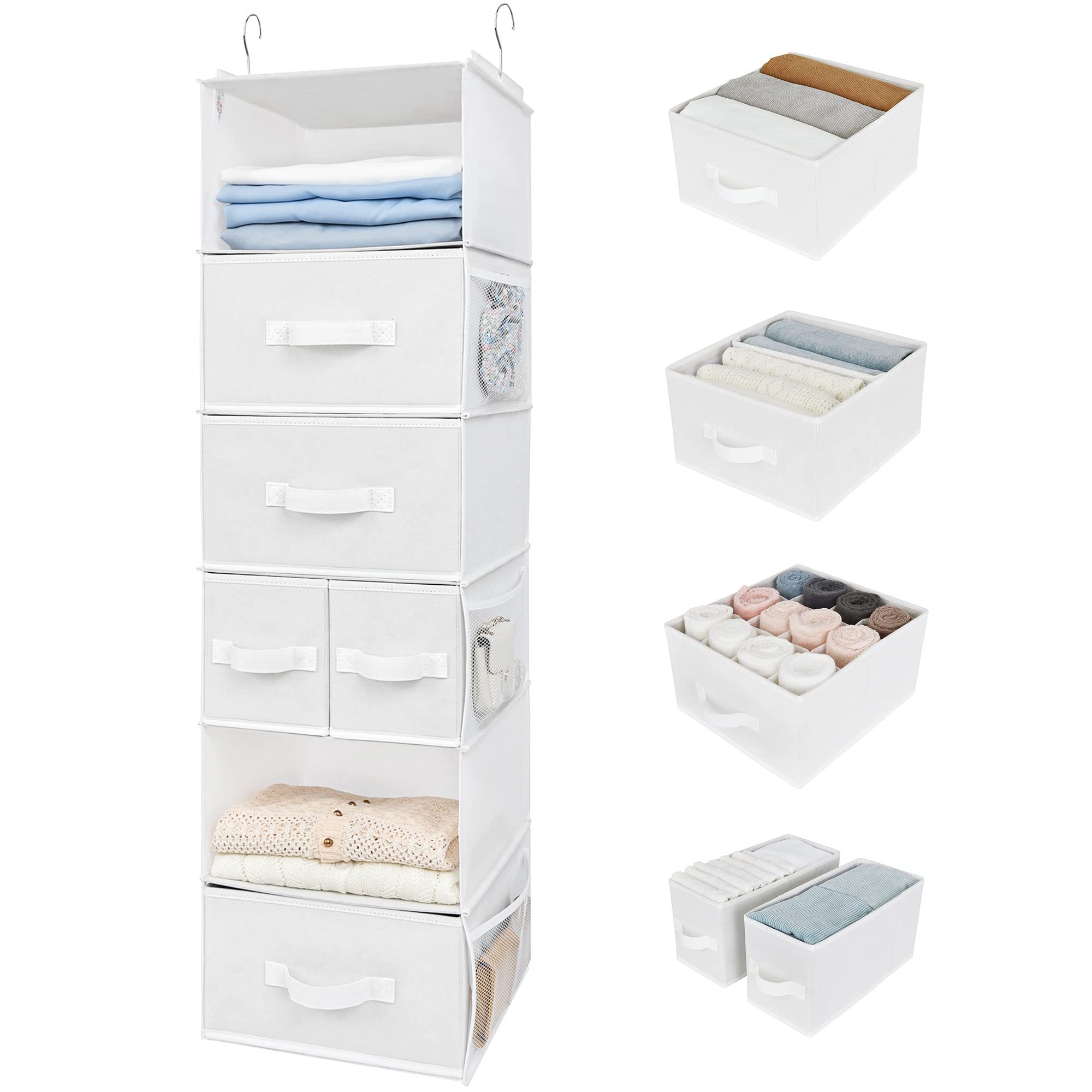Granny Says Hanging Closet Organizer And Storage, 6 Shelf Clothes Organization With Drawers, 6 Side Pockets Closet Hanging Shelv