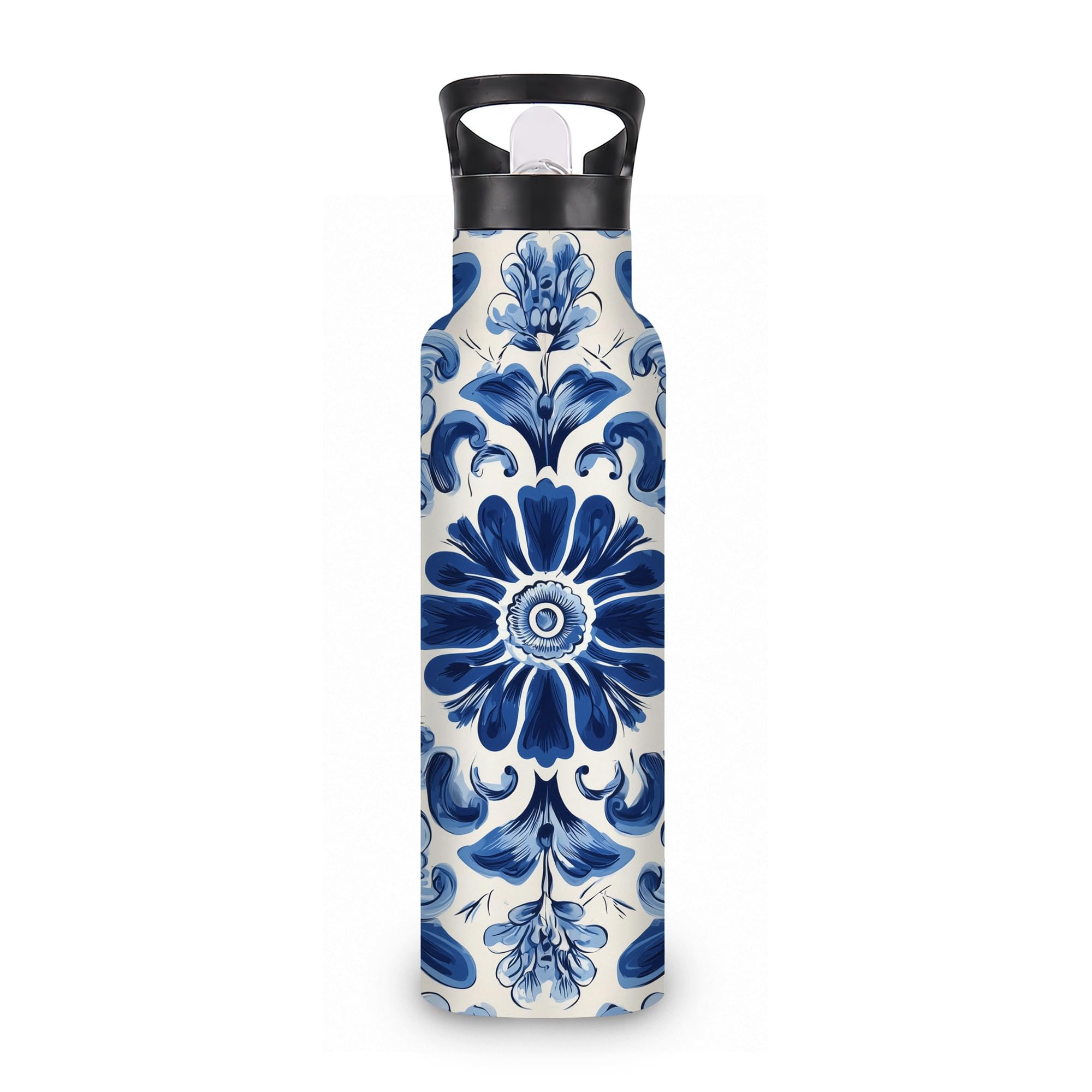ICRICR Water Bottles with Straw,Blue Flower Stainless Steel Cup Leak Resistant Double Wall Ethnic Paisley Insulated Water Bottle