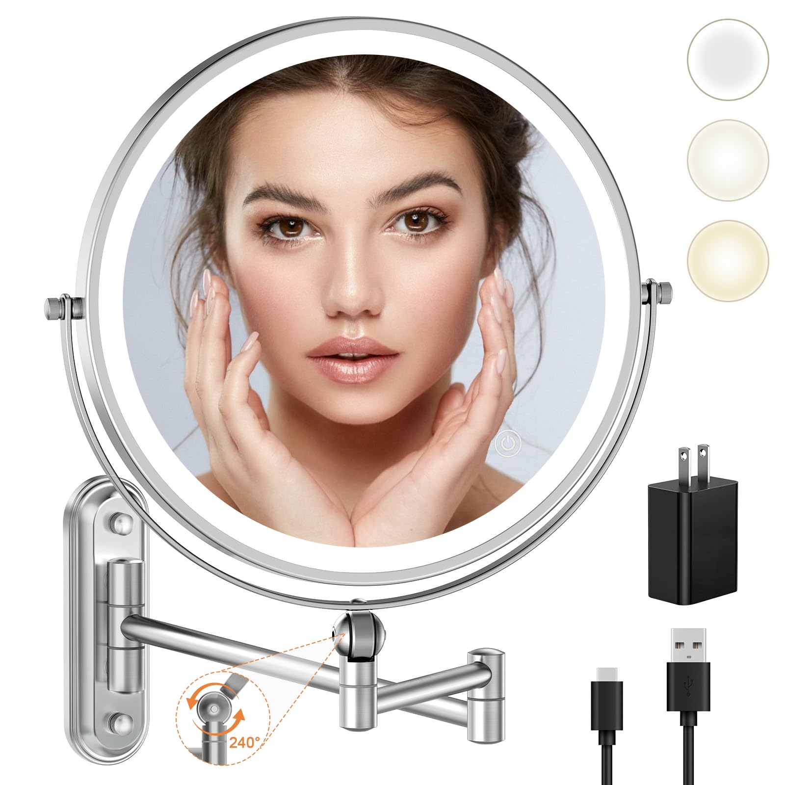 9'' Wall Mounted Makeup Lighted Mirror, 4000Mah Rechargeable Double Sided Led Vanity Mirror With Height Adjustable&1X/10X Magnif