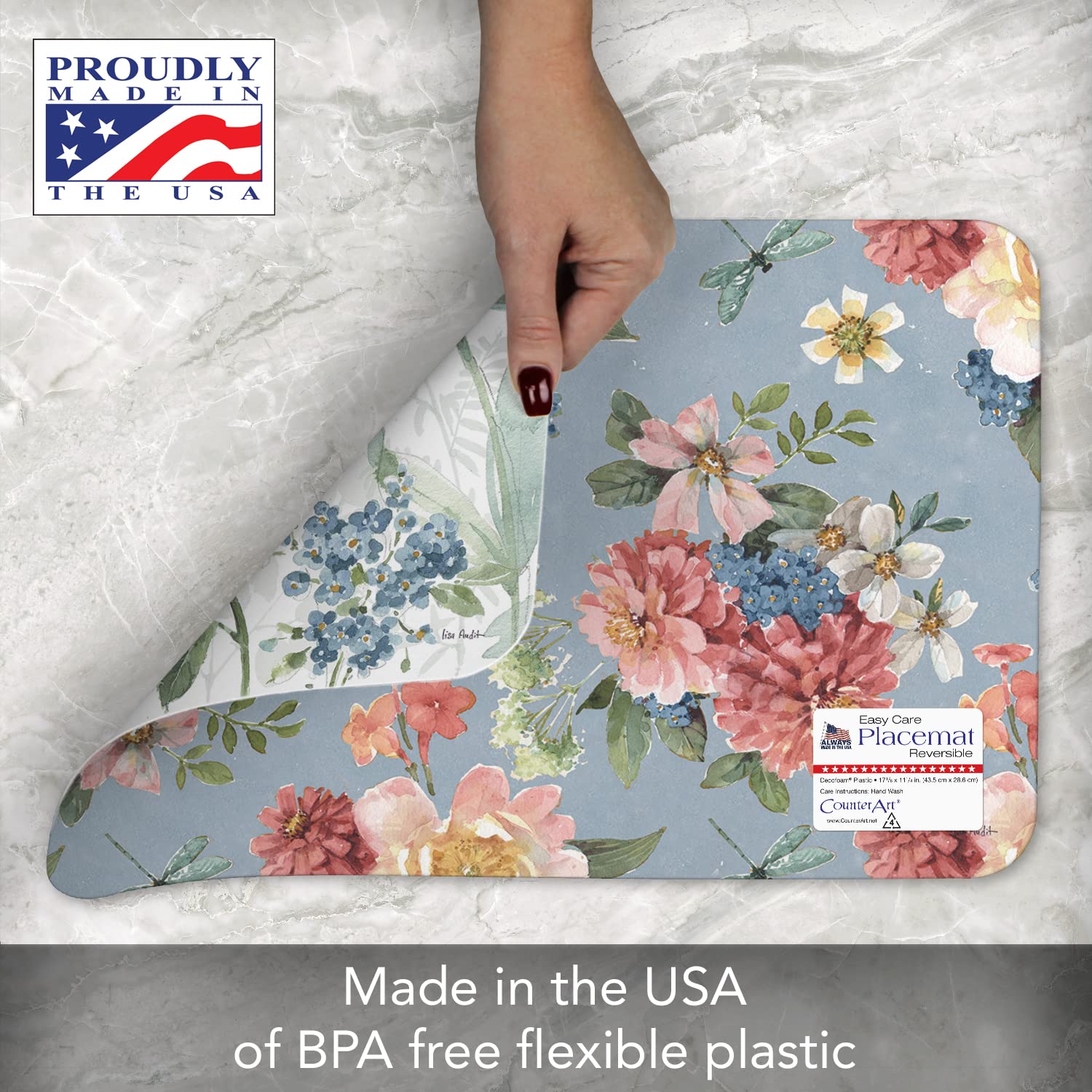 Counterart Spring Meadow 4 Pack Reversible Easy Care Flexible Plastic Placemats Made In The Usa Bpa Free Pvc Free Easily Wipes C