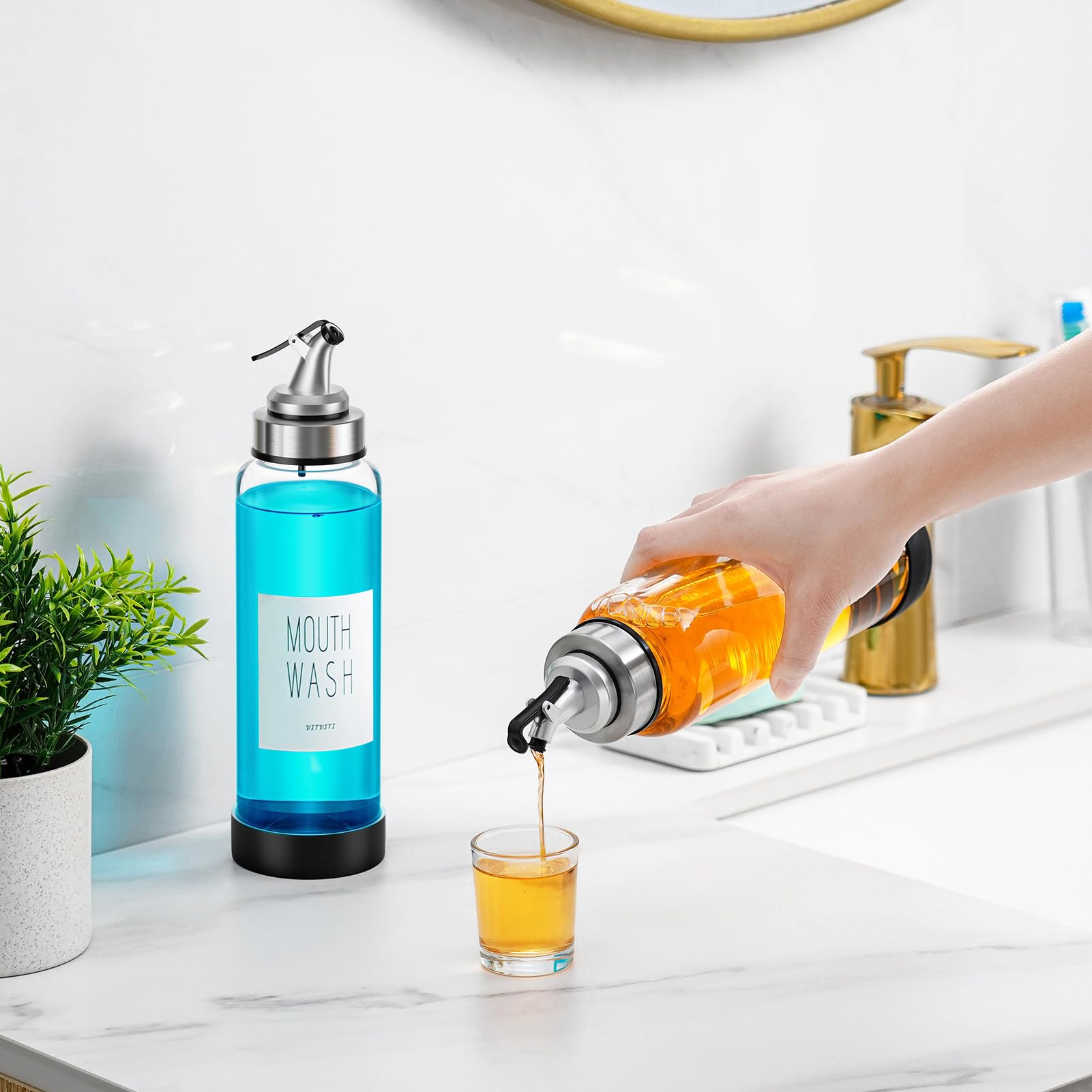 Vitviti Mouthwash Dispenser For Bathroom, Glass Mouth Wash Container With 2 Glass Cups, Press Lid 17Oz Clear Refillable Mouthwas