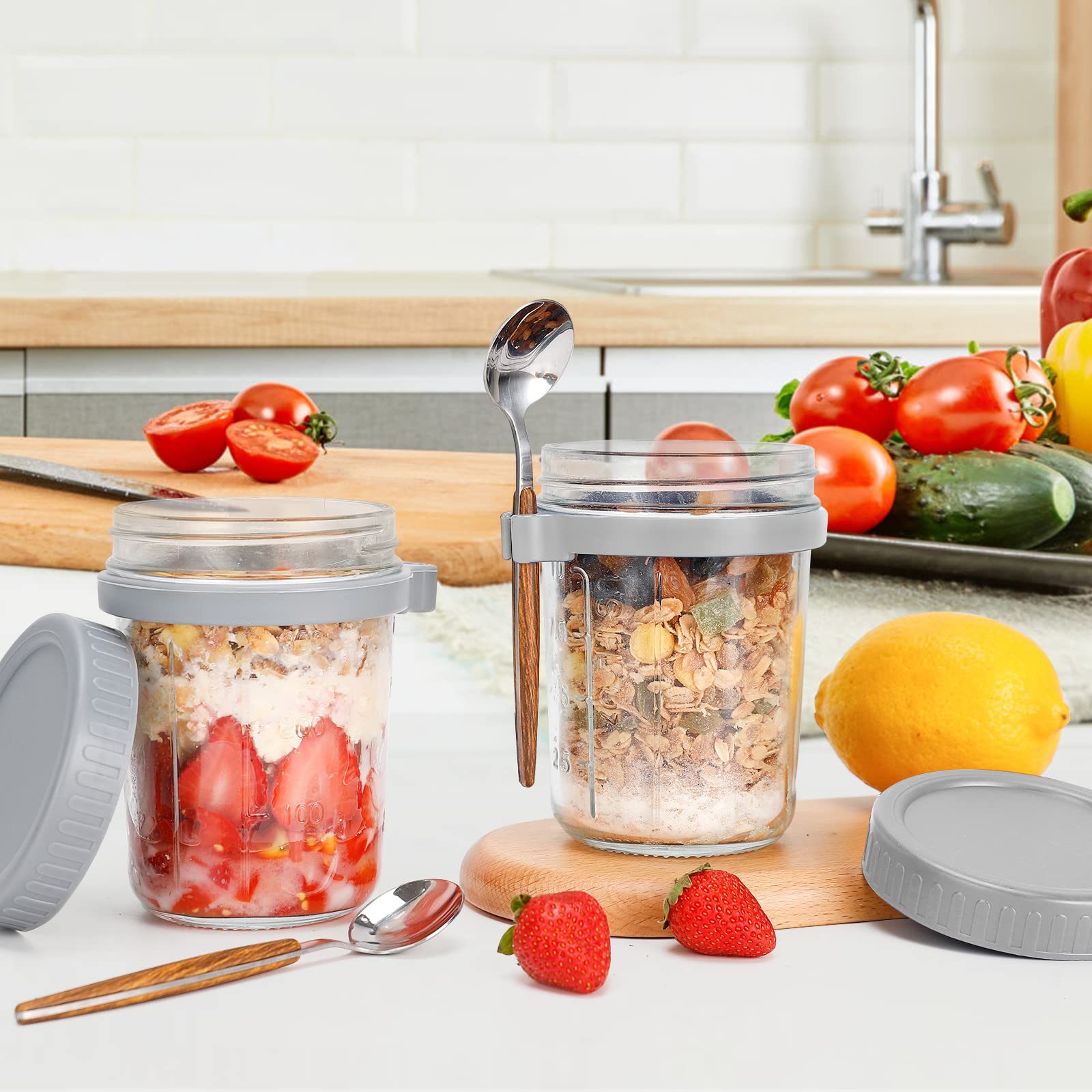 Overnight Oats Jars With Spoon And Lid 16 Oz [2 Pack], Airtight Oatmeal Container With Measurement Marks, Mason Jars With Lid Fo