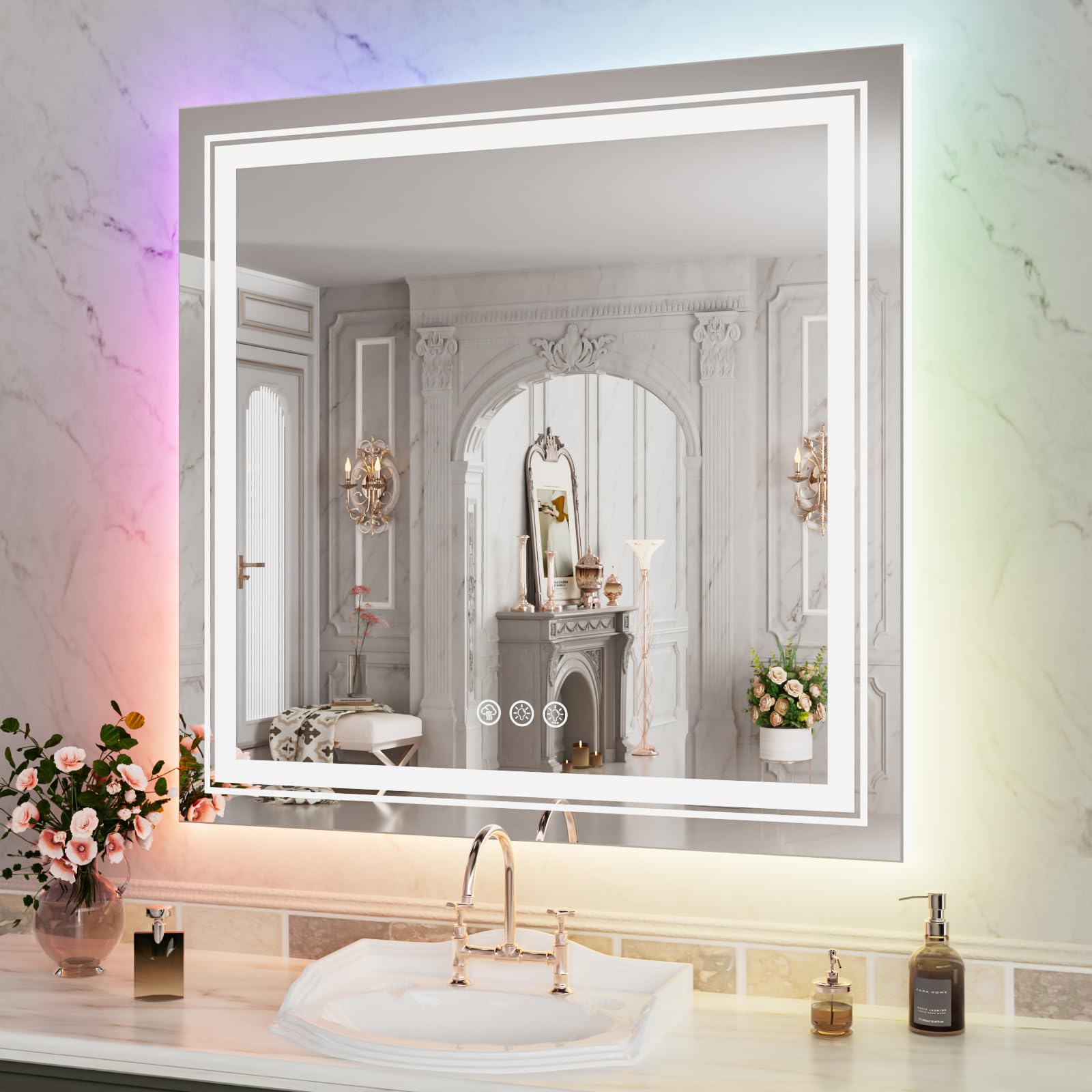 Wtty Rgb Led Bathroom Mirror 32''X32'' With Backlit And 3 Front Light,Stepless Dimmable Led Mirror For Bathroom,Lighted Bathroom