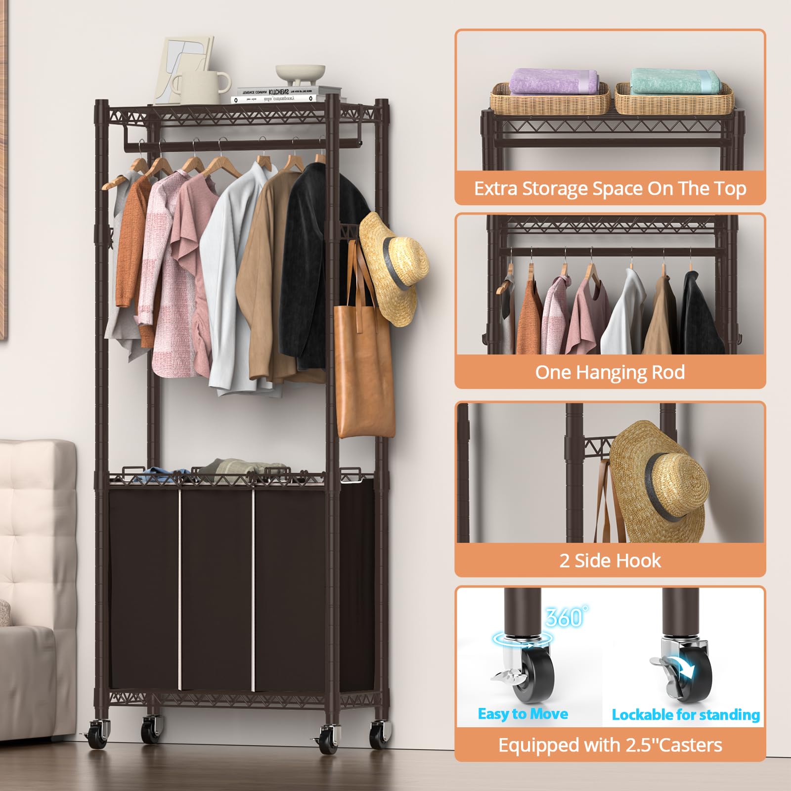 Hodonas Laundry Sorter 3 Section With Hanging Bar, Rolling Laundry Hamper Cart 3-Bag Laundry Basket Organizer Sorter With Hangin
