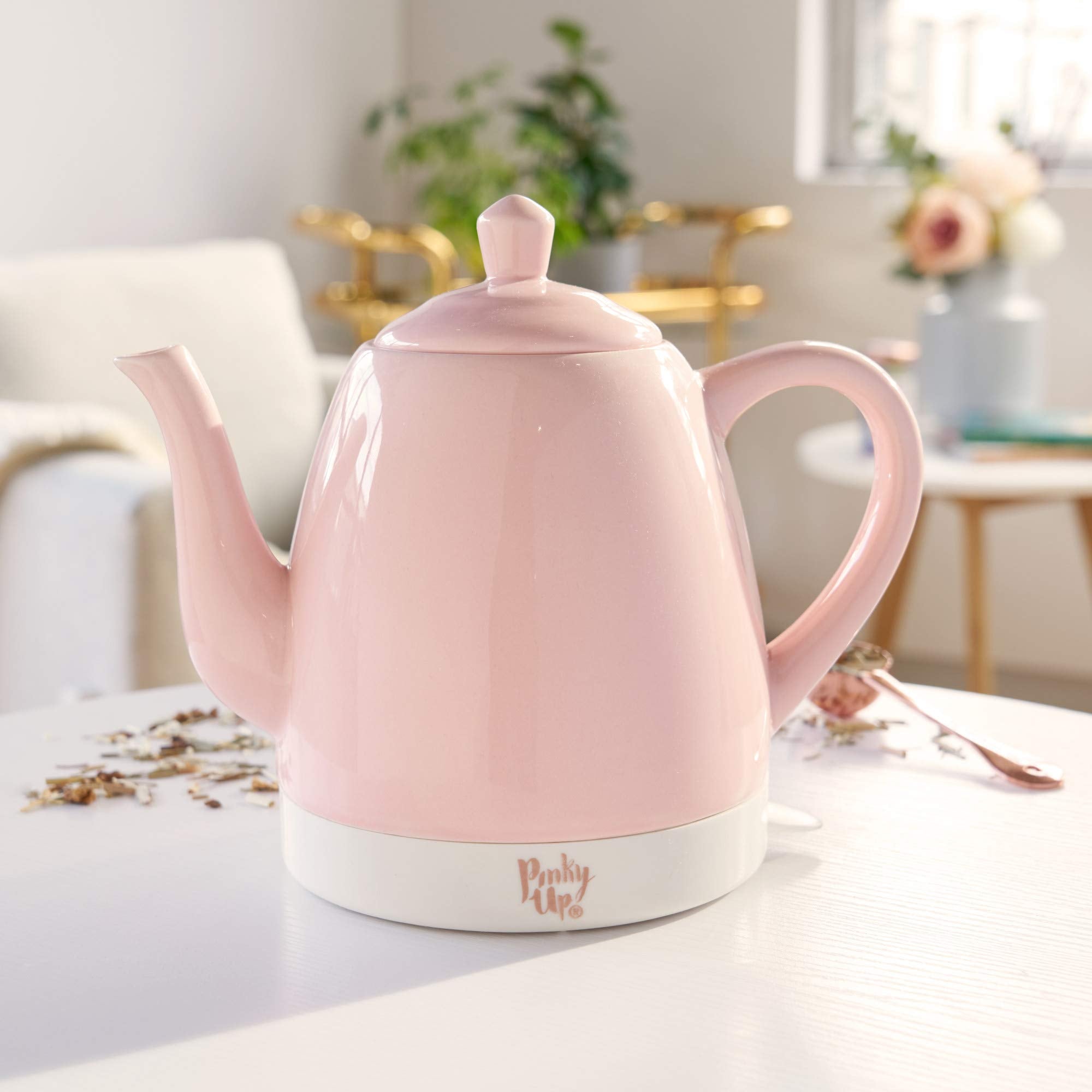 Pinky Up Noelle 1.5 L Pink Electric Ceramic Kettle With Gooseneck, Cute Water Boiler For Hot Teas And Pour Over Coffee, Blush Wi