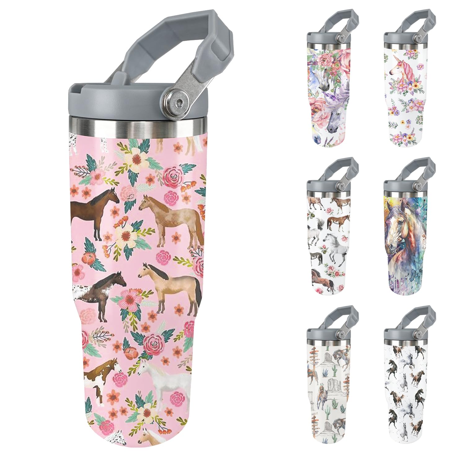 Unyopsa Horse Tumbler with Handle 30oz Stainless Steel Flip Straw Cup with Lid Insulated Pink Water Bottle Coffee Mug Gifts for 