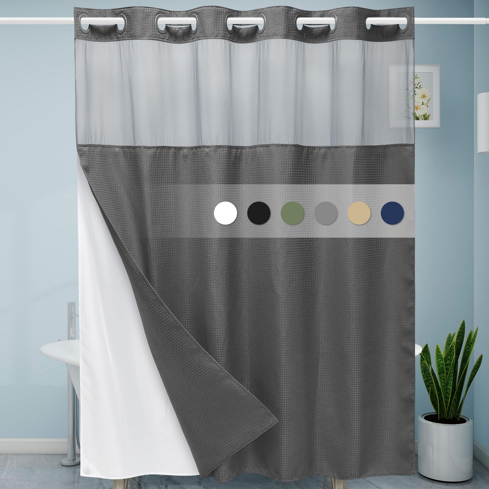 Eutxl Charcoal Grey No Hook Shower Curtain With Snap In Liner,230Gsm Waffle Weave Shower Curtains For Bathroom,71W X 74H