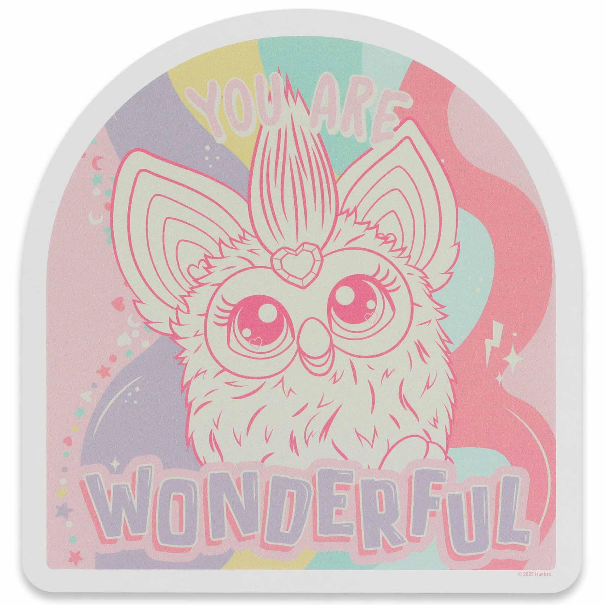 Hasbro Furby You Are Wonderful Wood Sign - Pastel Rainbow Wall Decor Featuring Retro Furby Art