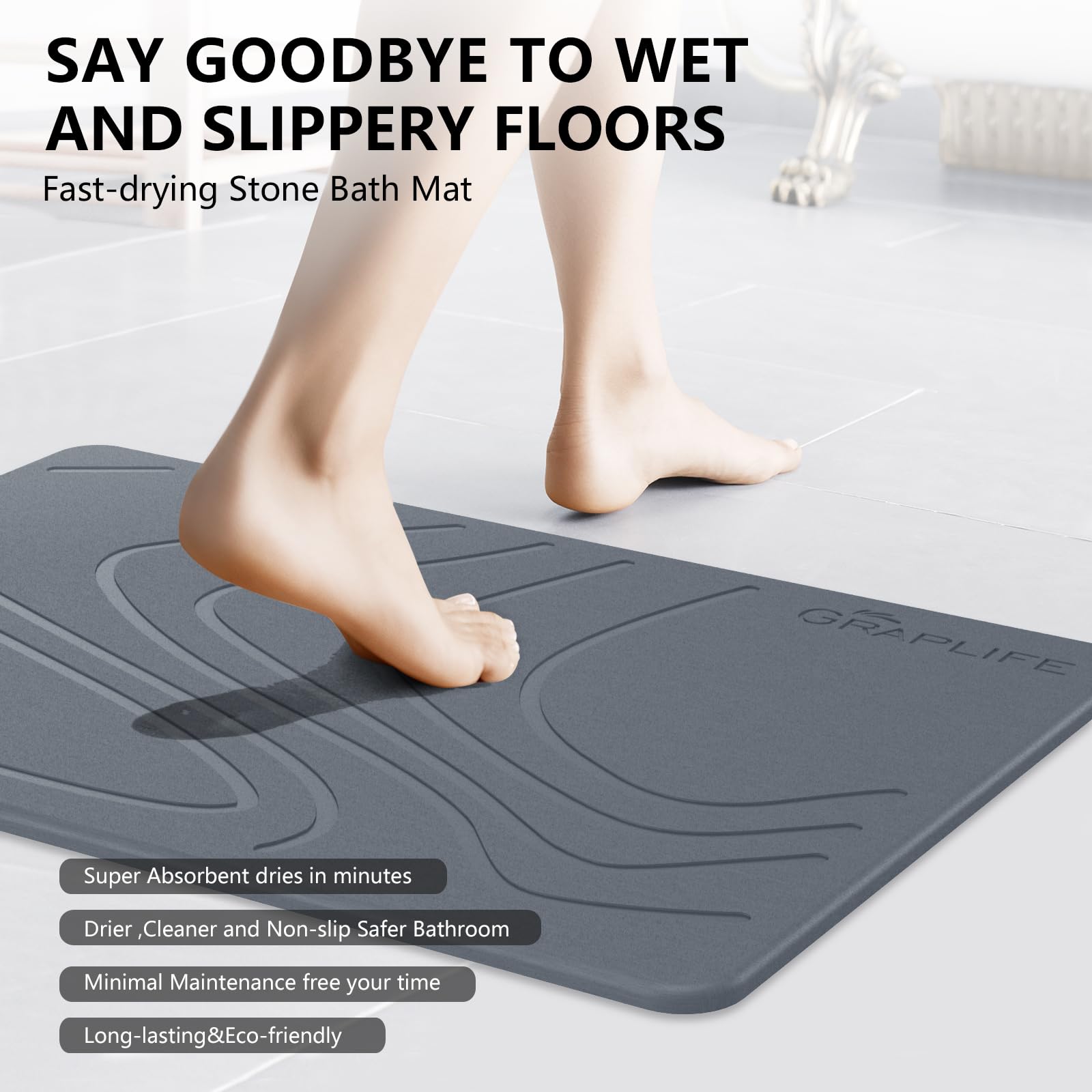 Graplife - Stone Bath Mat  Diatomaceous Earth Shower Mat  Non-Slip Super Absorbent Quick Drying Bathroom Floor Mat  Natural  Easy to Clean (23.5 x 15 Darkgrey)