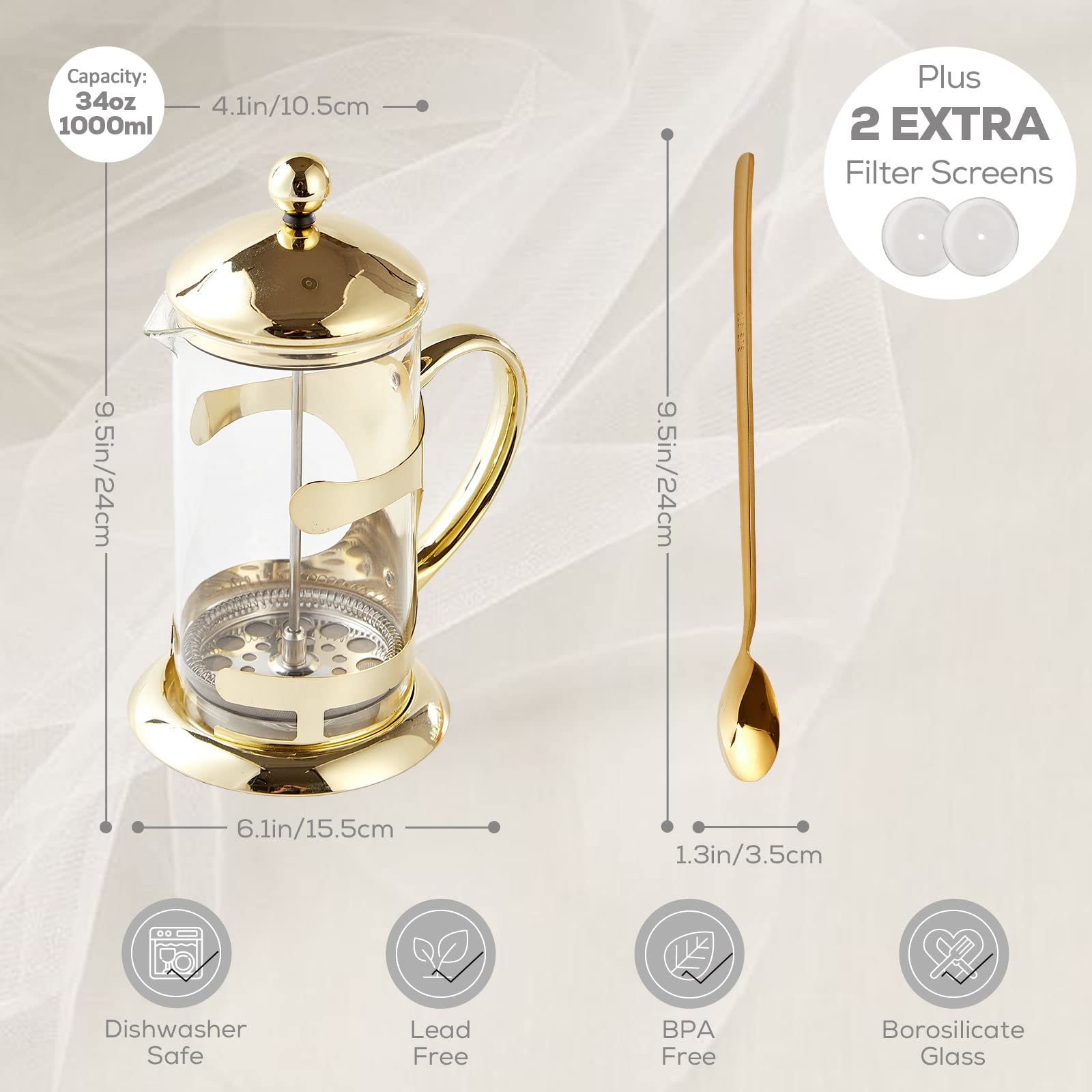 Dujust Gold French Press Coffee Maker, Luxury Design French Coffee Press With 4-Level Filter System, High-Grade Glass For Hot &