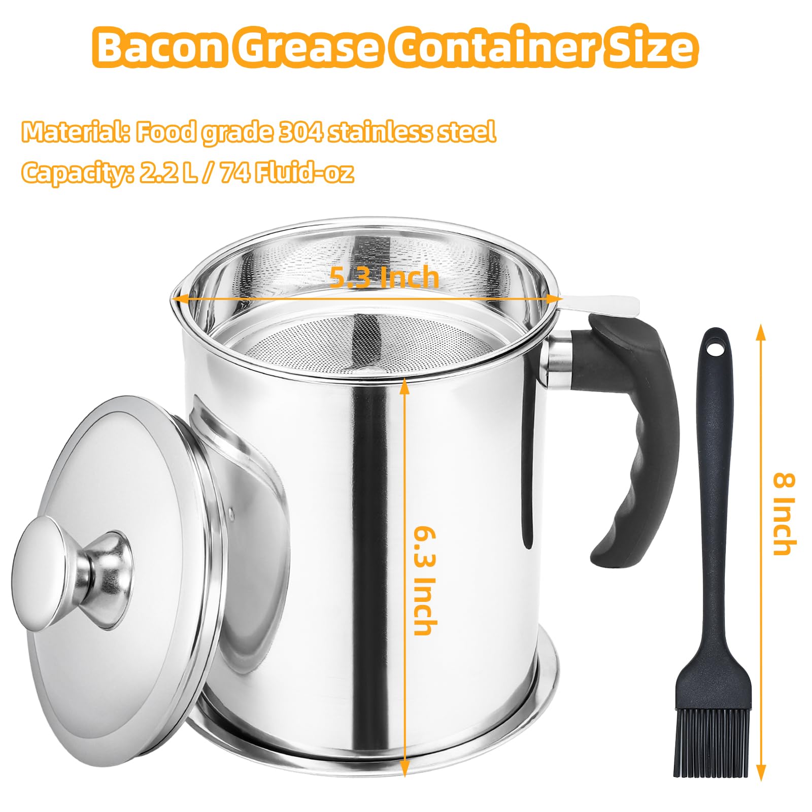 Kaemi 2.2L / 74Oz Bacon Grease Container With Strainer, Bacon Grease Keeper,Oil Storage Container For Kitchen,Filtered Oil Jug W
