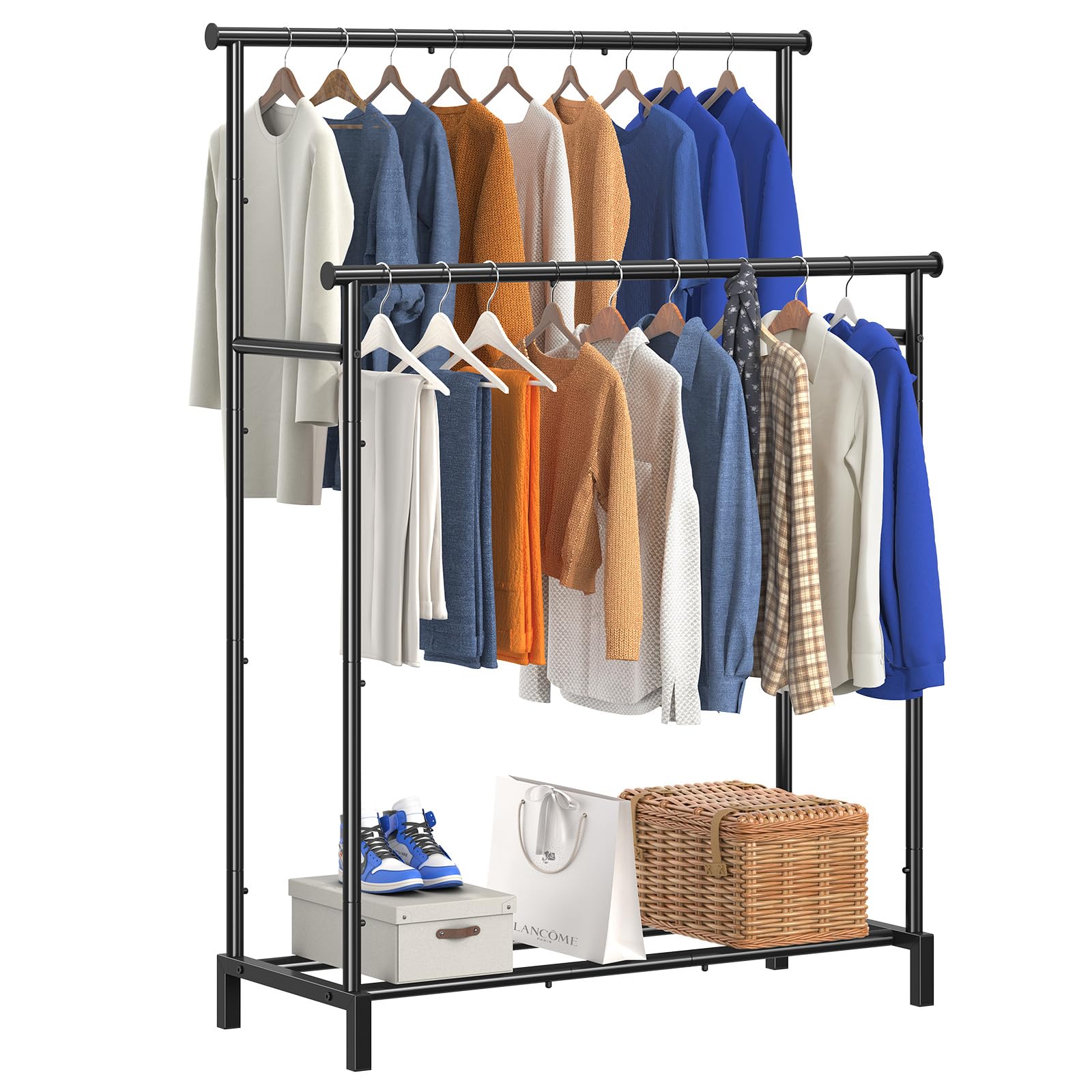 Ekisemio Double Rod Garment Rack For Hanging Clothes, Clothing Rack With Storage Shelves, Metal Multi-Functional Clothes Rack Fo