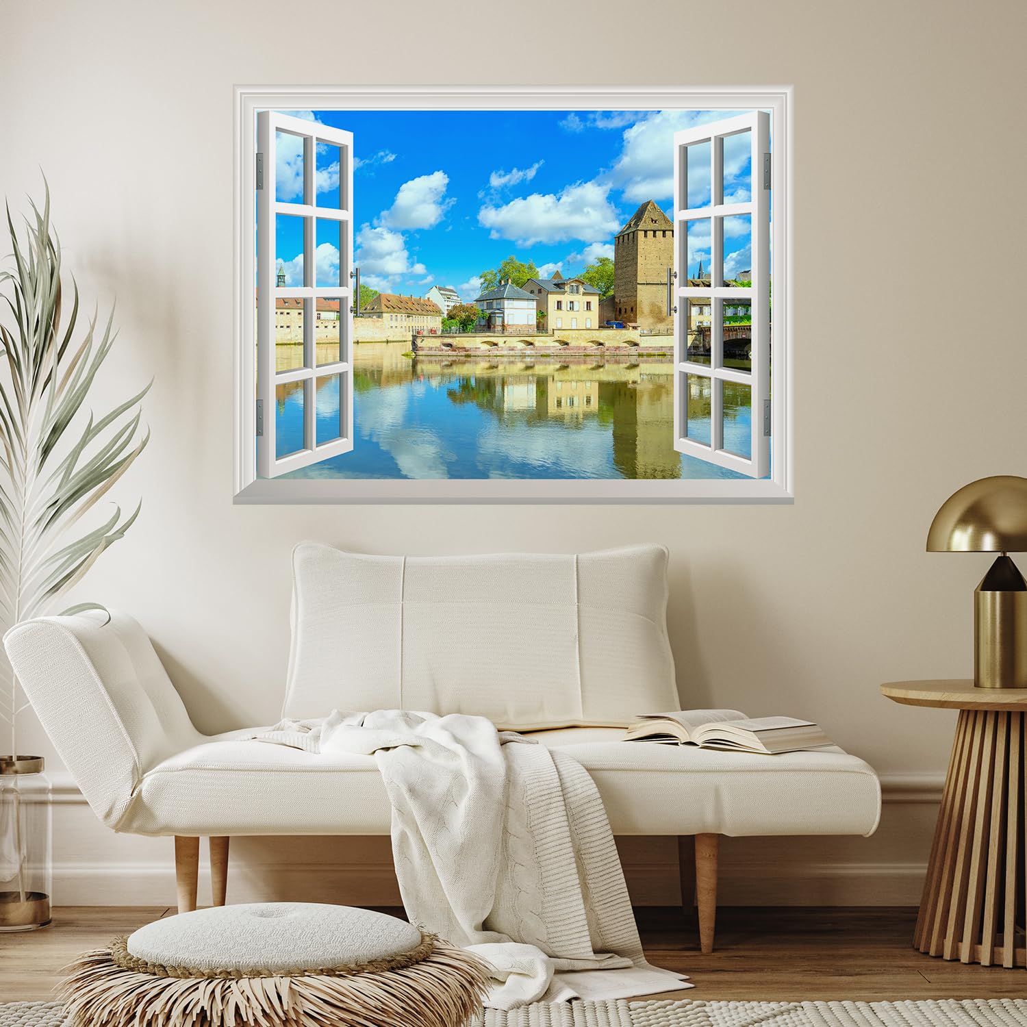 wall26 Removable Wall Sticker/Wall Mural - Peaceful River in a Quiet Town | Creative Window View Wall Decor - 24 Inchx32 Inch