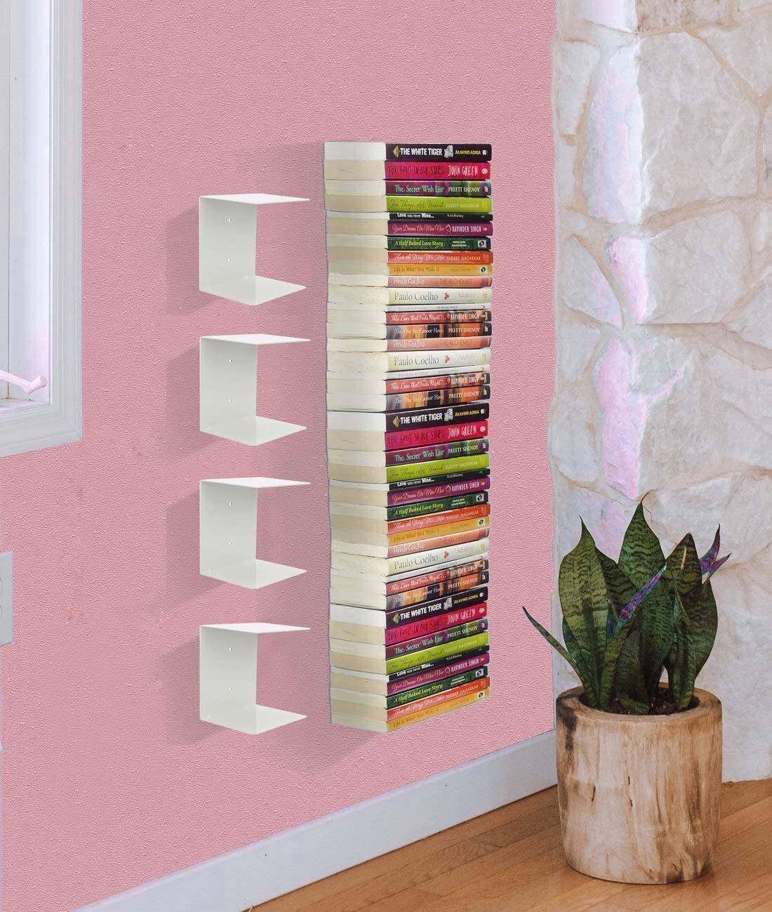 Go Hooked Heavy Duty Metal Wall Mounted Book Shelves For Study Room, Living Room And Bedrooms (4 Pcs) (White)