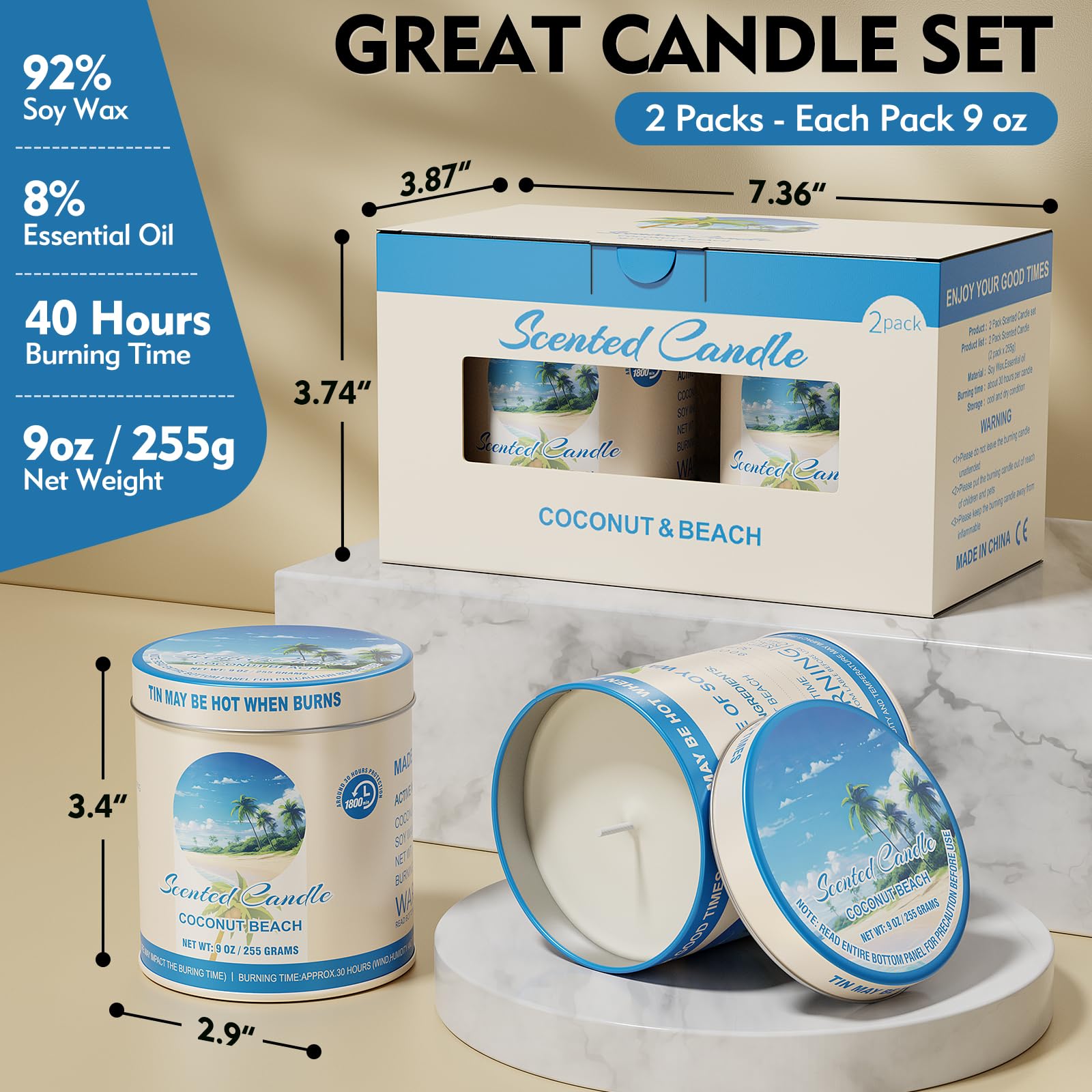 2 Pack Scented Candles (90 Total Burn Hours) - Soy Wax Candles 9 oz Each in Tin - Long Lasting Aromatherapy Candle Gift Set (Coc