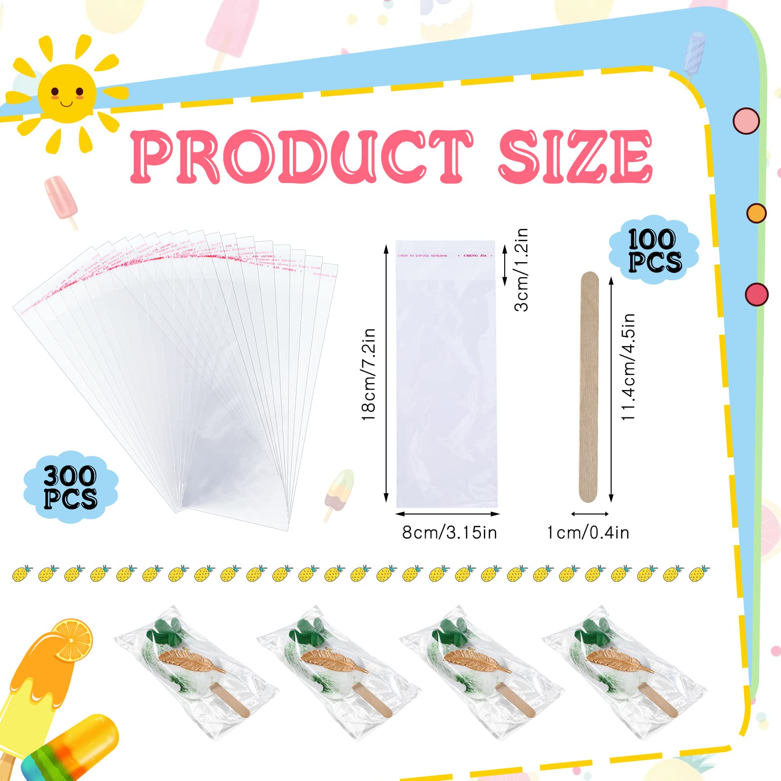 Yexiya 400 Pcs Ice Lolly Ticks And Bags Set, 300 Pcs Self Adhesive Clear Plastic Bags And 100 Pcs Disposable Wooden Sticks For S