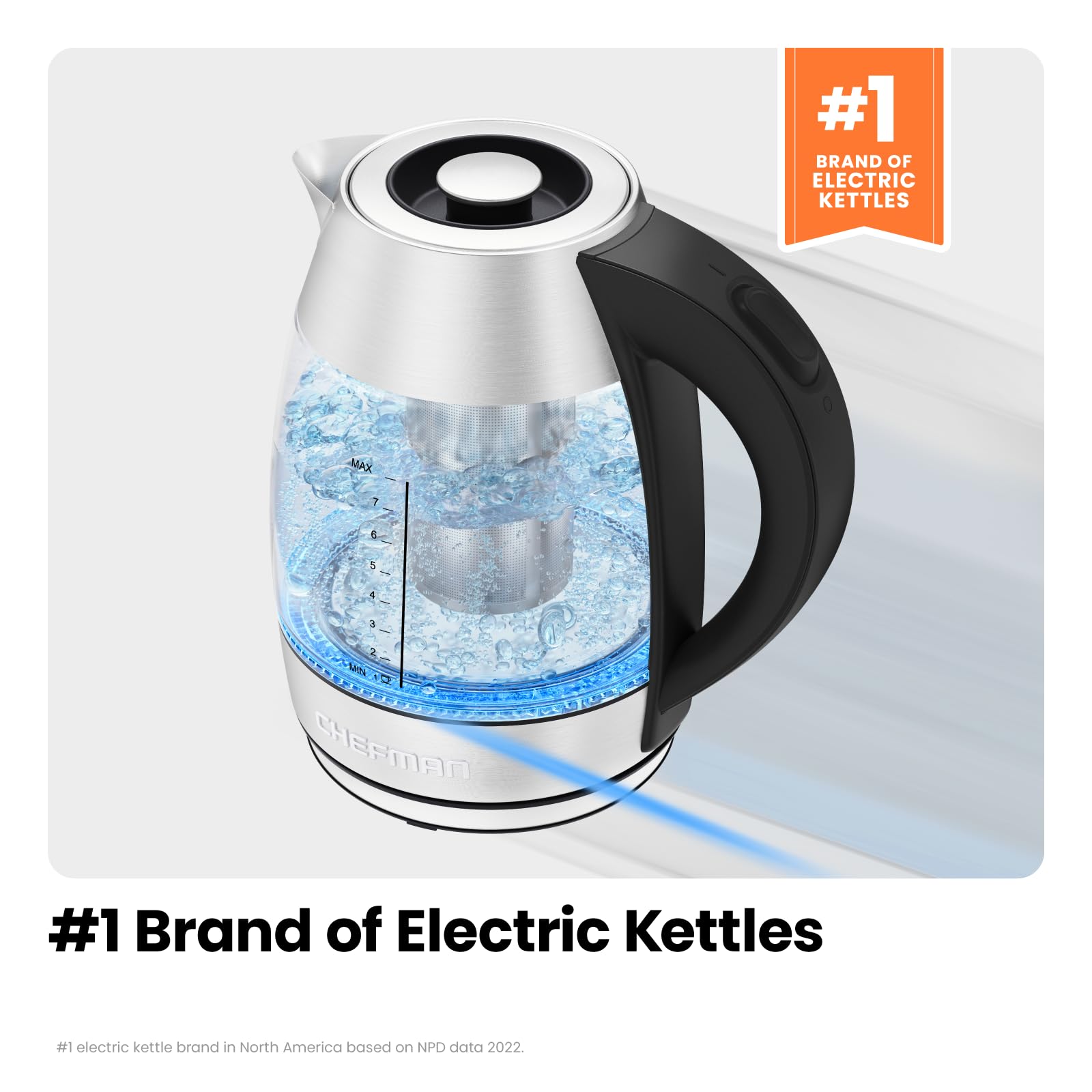Chefman Electric Kettle for Boiling Water, 1.8L 1500W, Removable Tea Infuser, Auto Shut Off, Boil-Dry Protection, BPA Free, Boro