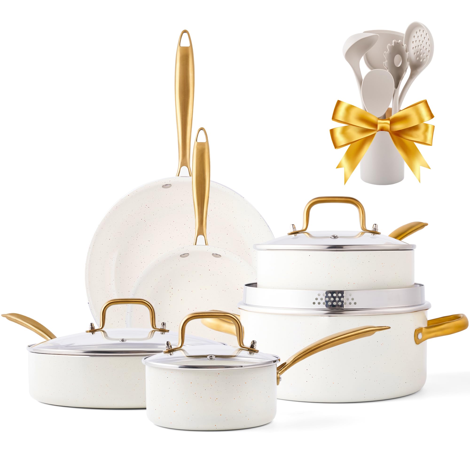 Granite Nonstick Cookware Set - Kitchen Pots and Pans With Dutch Oven, Frying Pan, Saucepan, Saut   Pan, Utensils - Gold Cookwar