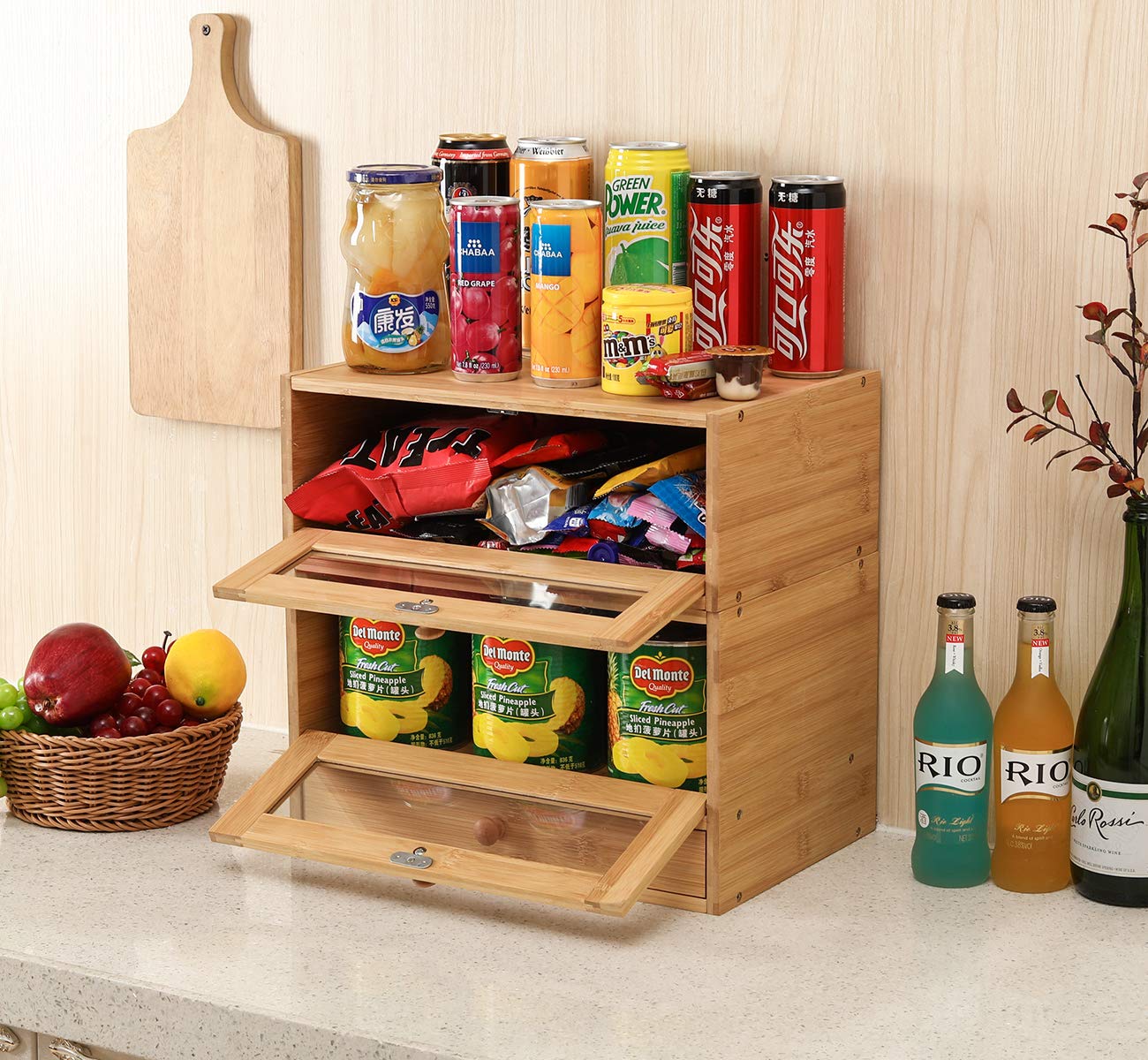 Izlif Bread Box For Kitchen Countertop Removable 2 Layer Natural Bamboo Bread Storage Container With Window And Utensil Flatware
