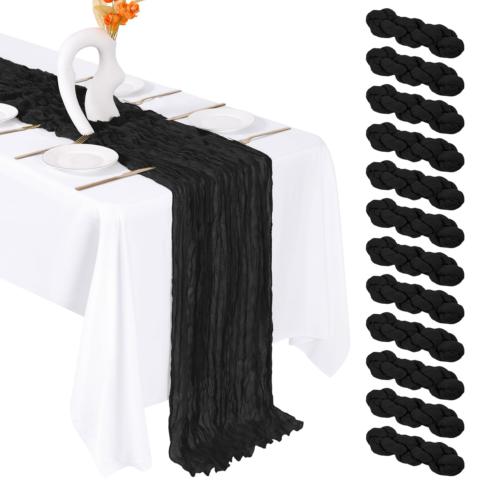 FANTEKE 12 Pack Black Cheesecloth Table Runner 20 x 120 Inch Gauze Table Runner Fabric Semi Sheer Cheese Cloth Table Decor Bulk 