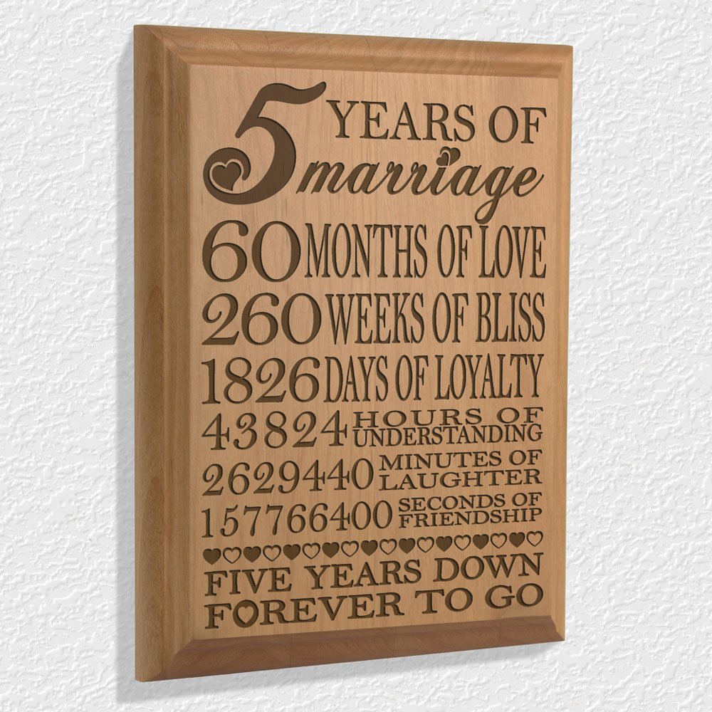 KATE POSH - 5th Anniversary Engraved Natural Wood Plaque, 5th Wedding for Her, for Him, for Couple, 5 Years of Marriage, 5 Years