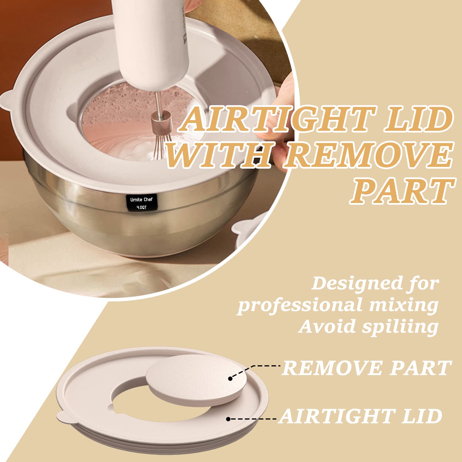 Mixing Bowls With Airtight Lids Set, 26Pcs Stainless Steel Khaki Bowls With Grater Attachments, Non-Slip Bottoms & Kitchen Gadge
