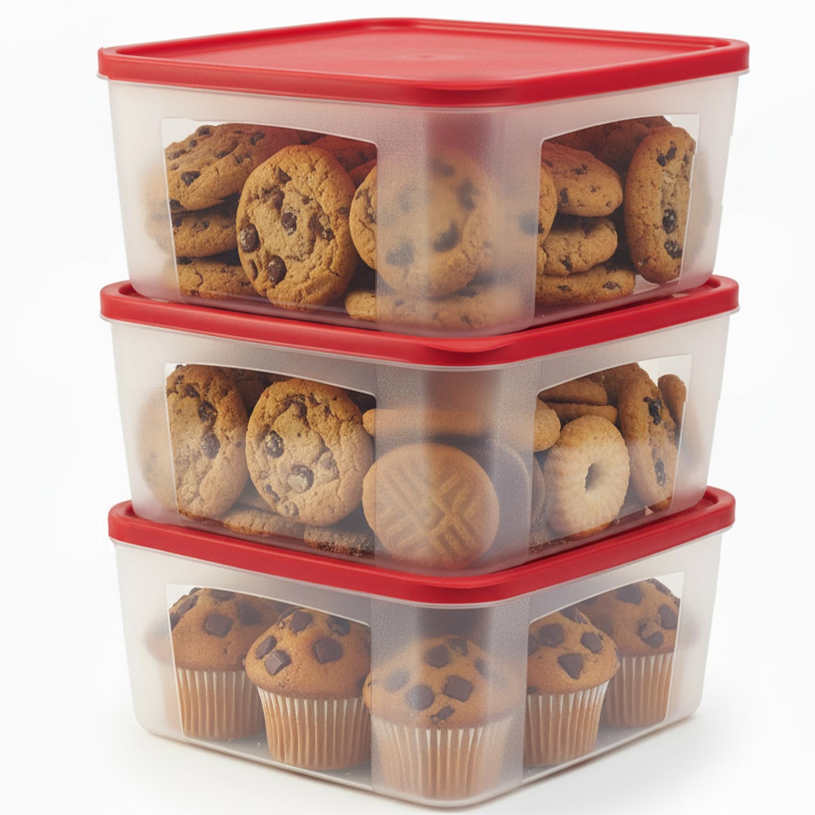 ADECTA Cookie Storage Containers Airtight  3Pack 3.7L Square Plastic Containers With Lids for Baked Goods, Cupcake Storage & M