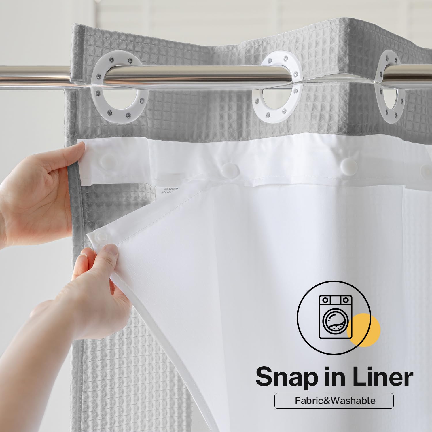River Dream Grey Waffle Weave Shower Curtain with Snap-in Liner Cotton Blend Fabric Heavy Duty No Hooks Needed Shower Curtain for Bathroom Hotel Quality Shower Curtain Set 71 x 74 inches