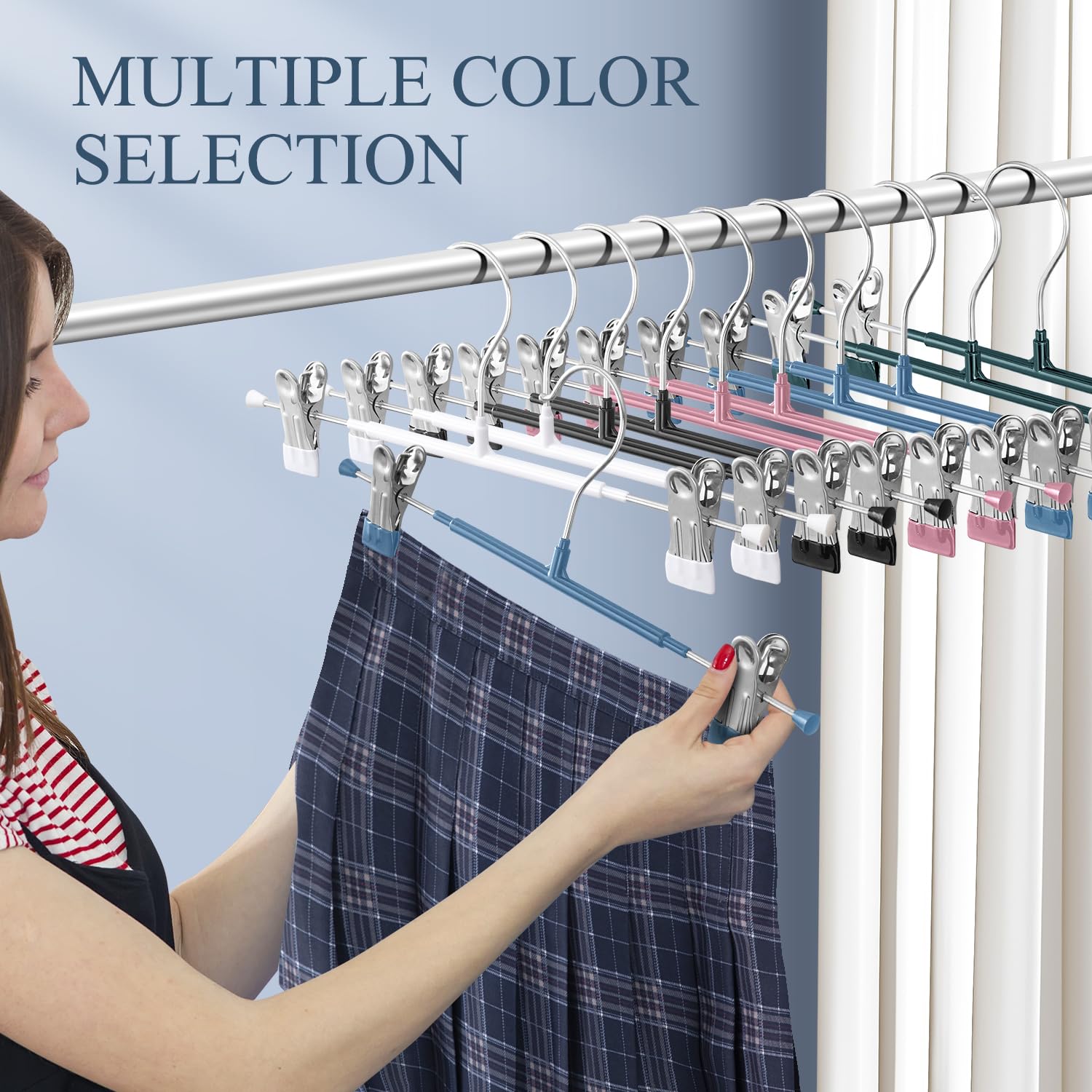 Hwajan 14Inch Blue Pants Hangers With Clips 20 Pack Adjustable Skirt Hangers For Women Non-Slip Trousers Hanger For Jeans Clothe